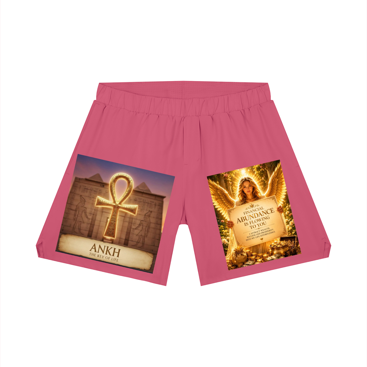 Pink boxer shorts featuring a graphic print on the left leg with an Egyptian ankh symbol and the text 'ANKH TO ALL COUNS', and a gold-toned angel graphic with the text 'ABUNDANCE THROUGH GIFT' on the right leg, shown against a plain white background.