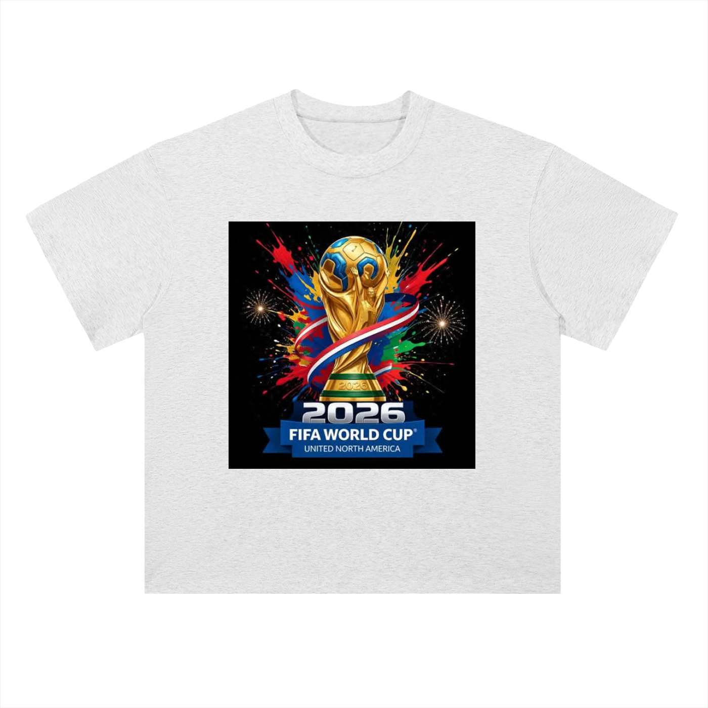 White t-shirt with FIFA World Cup 2026 logo on a white background