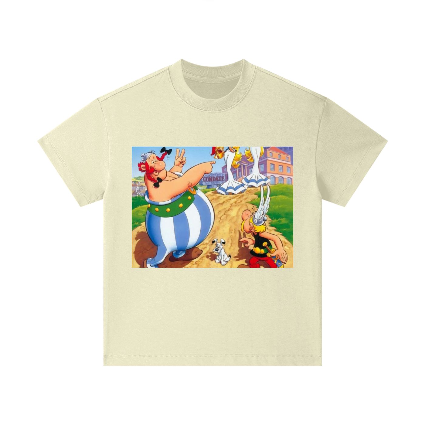 Beige t-shirt with Asterix and Obelix graphic on a white background
