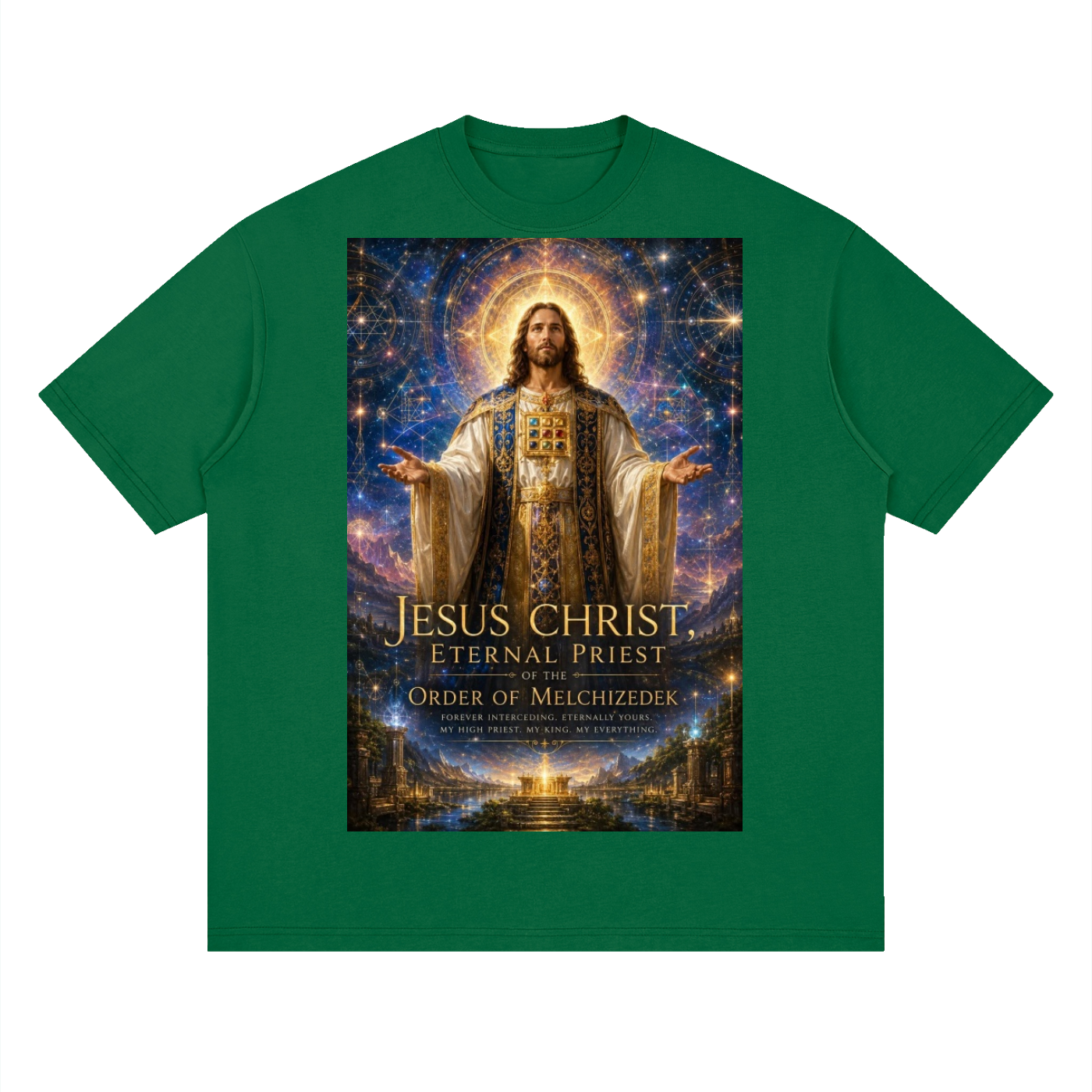 Green t-shirt with an image of Jesus Christ and text on a white background