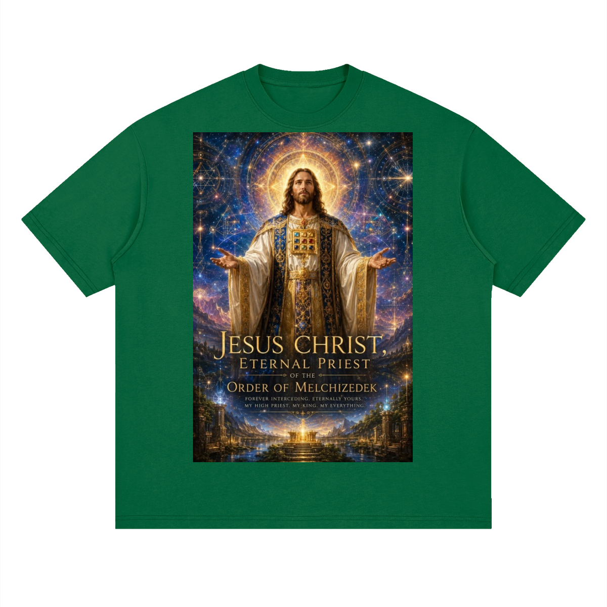 Green t-shirt with an image of Jesus Christ and text on a white background
