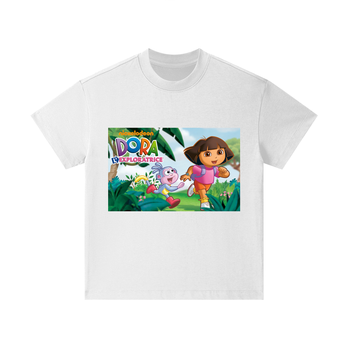 White t-shirt with Dora the Explorer graphic on a white background