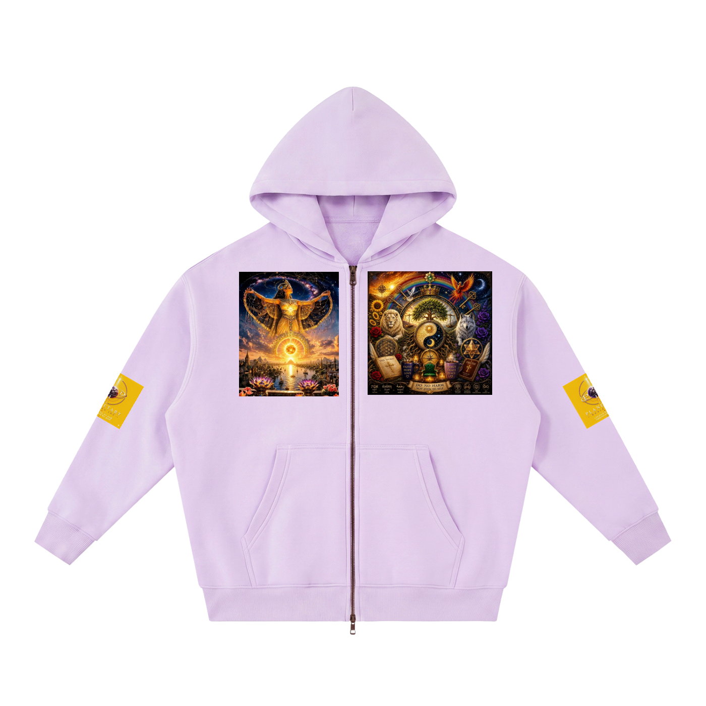 A light purple zip-up hoodie with a front kangaroo pocket, featuring two large square graphic prints on the chest and yellow patches on both sleeves, shown against a plain white background.