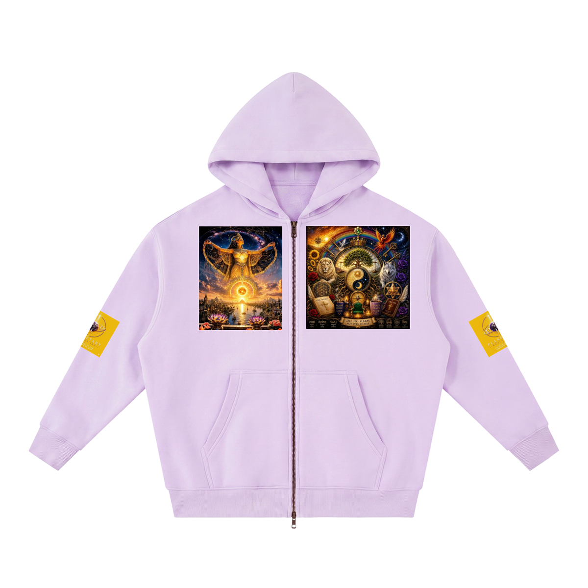 A light purple zip-up hoodie with a front kangaroo pocket, featuring two large square graphic prints on the chest and yellow patches on both sleeves, shown against a plain white background.