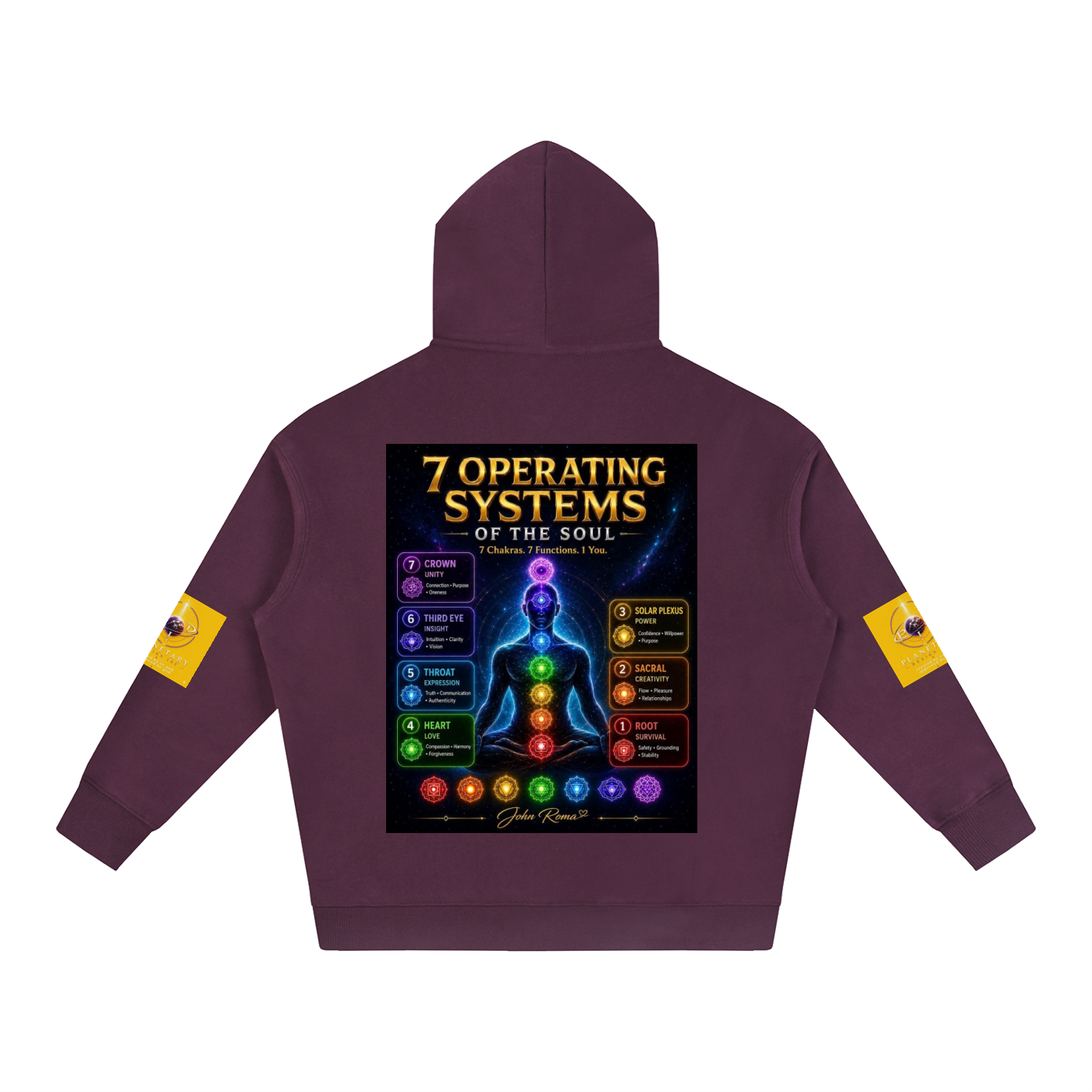 A dark purple hoodie shown from the back, featuring a large graphic print of the '7 Operating Systems of the Soul' with a glowing chakra meditating figure and colorful text. It has yellow graphic patches on both sleeves.