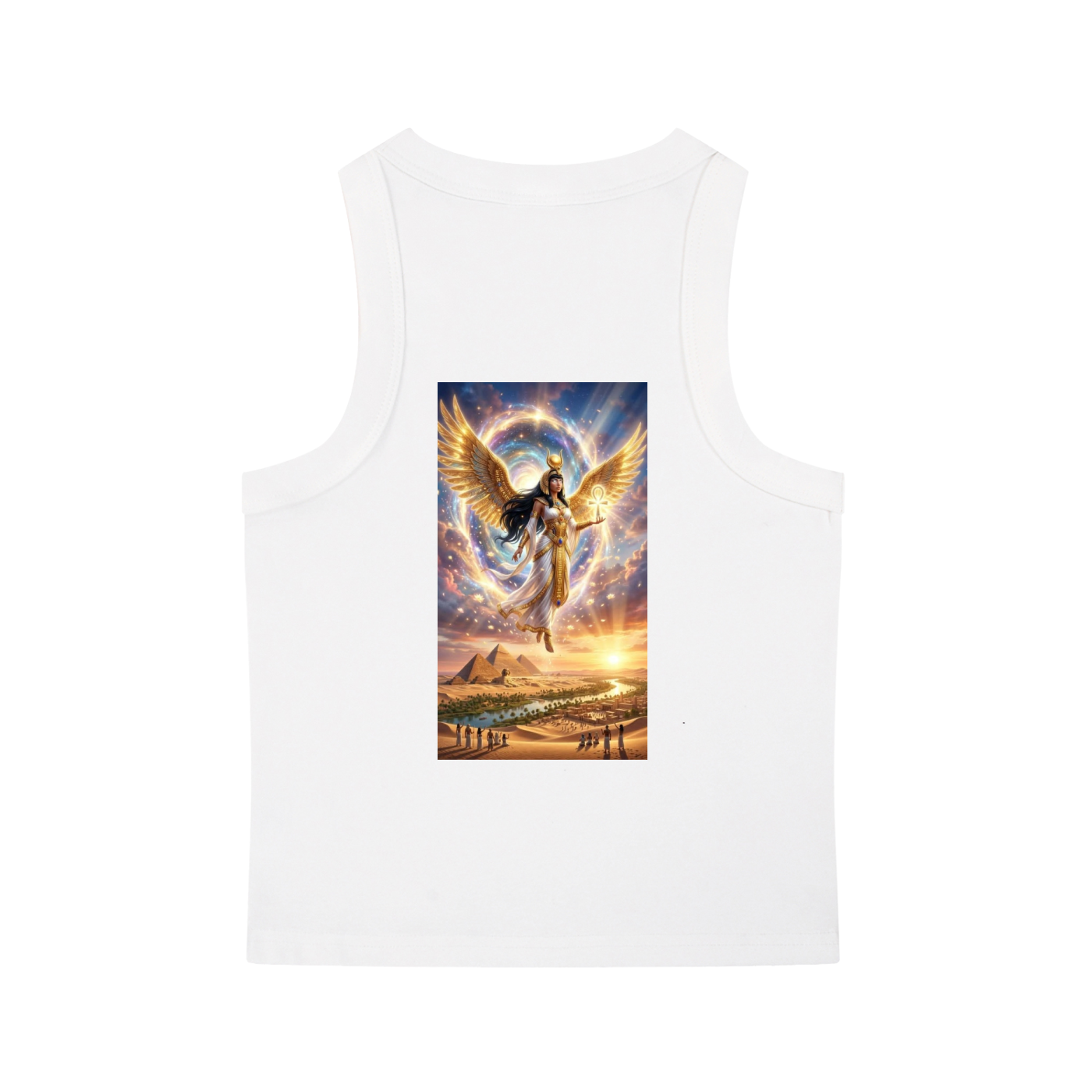 A white sleeveless tank top featuring a large rectangular graphic print on the front. The print depicts a winged angel figure surrounded by a glowing cosmic ring, with a desert landscape and pyramids below in warm golden and brown tones.