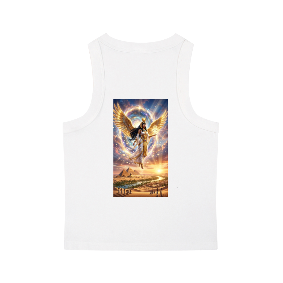A white sleeveless tank top featuring a large rectangular graphic print on the front. The print depicts a winged angel figure surrounded by a glowing cosmic ring, with a desert landscape and pyramids below in warm golden and brown tones.
