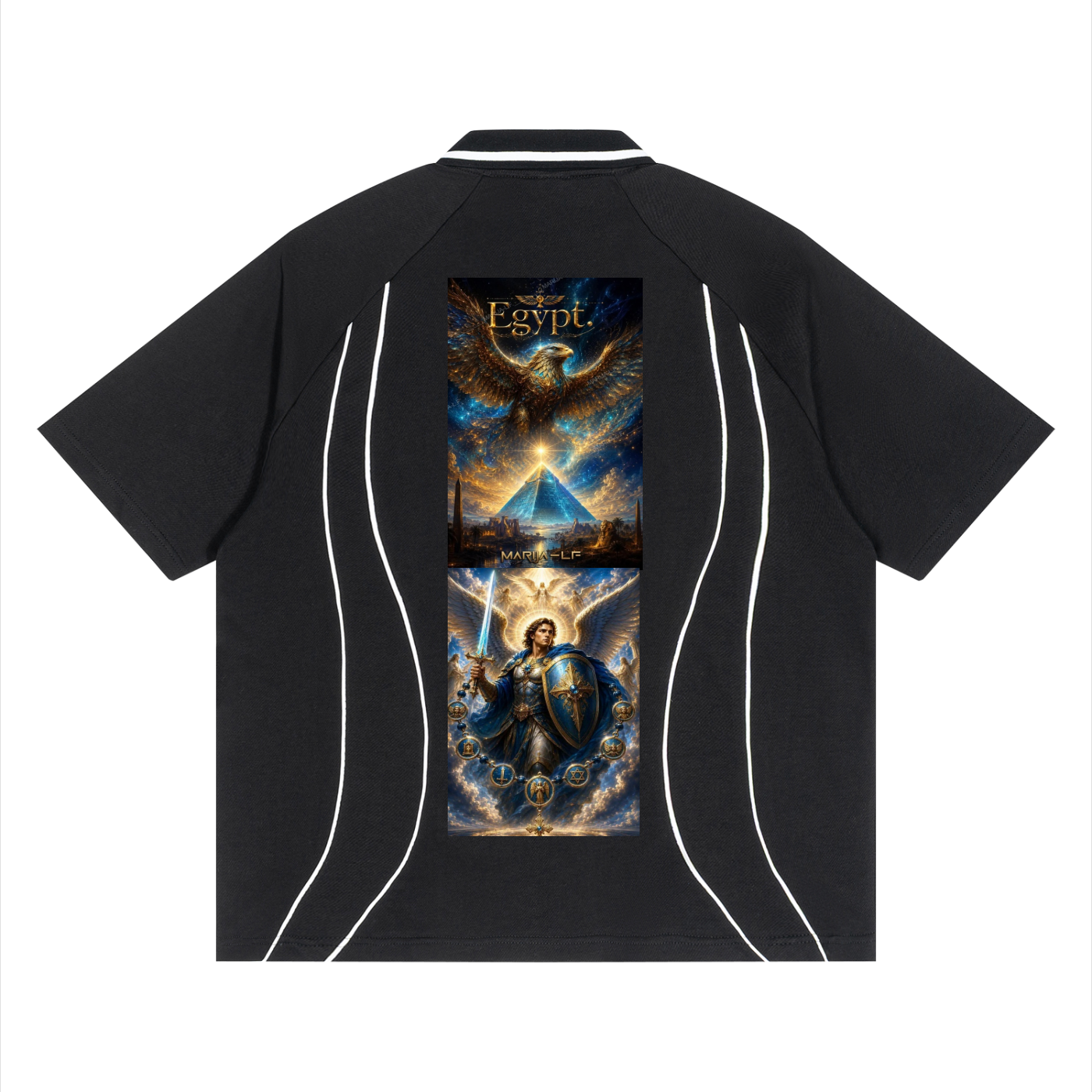 A black short-sleeve athletic-style top with white piping details and a large vertical graphic print on the back featuring Egyptian-themed artwork with a pyramid, an eagle, and a warrior.