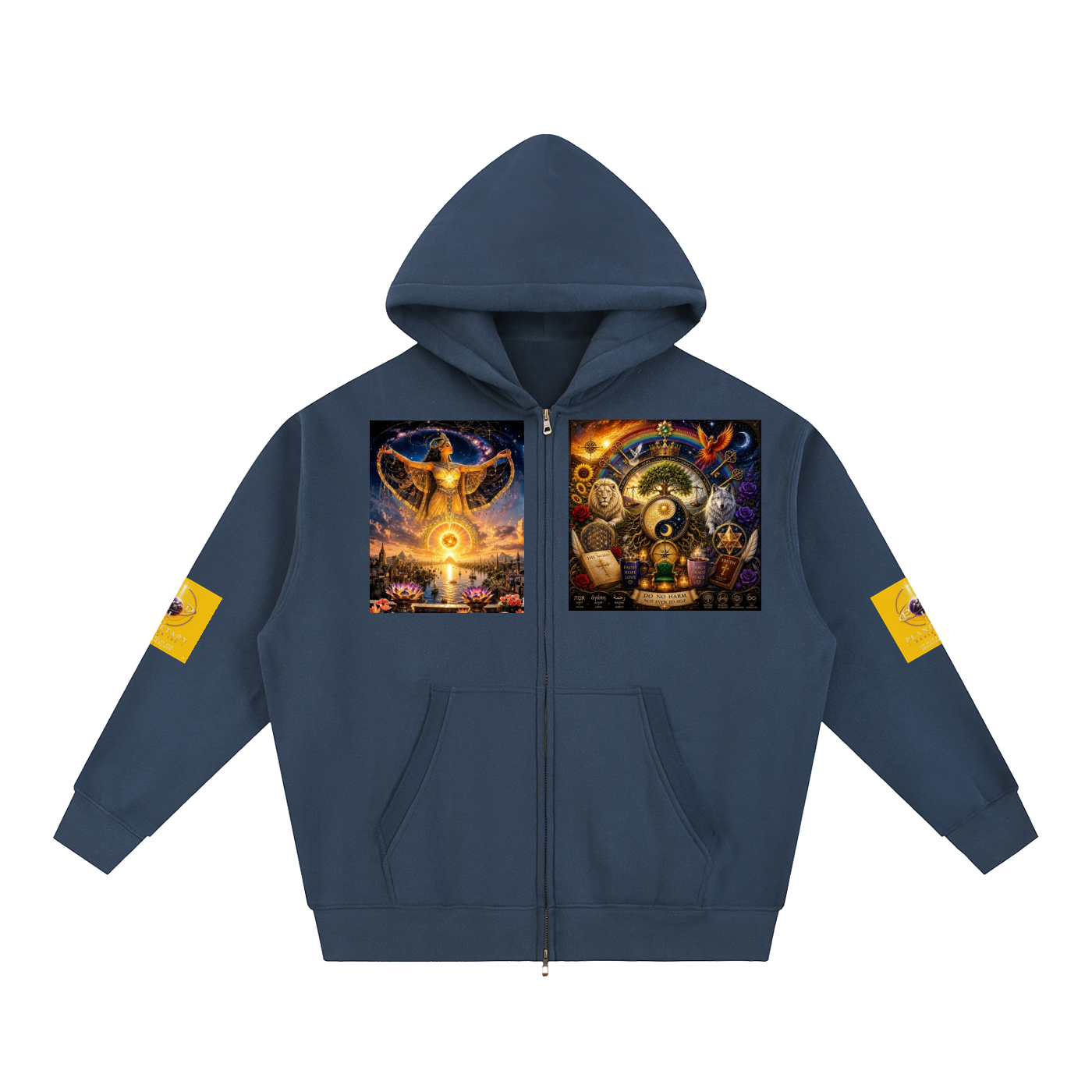 A navy blue zip-up hoodie with a hood, front pockets, and two large colorful graphic prints on the chest. Each print depicts a mystical fantasy scene with glowing symbols and characters.