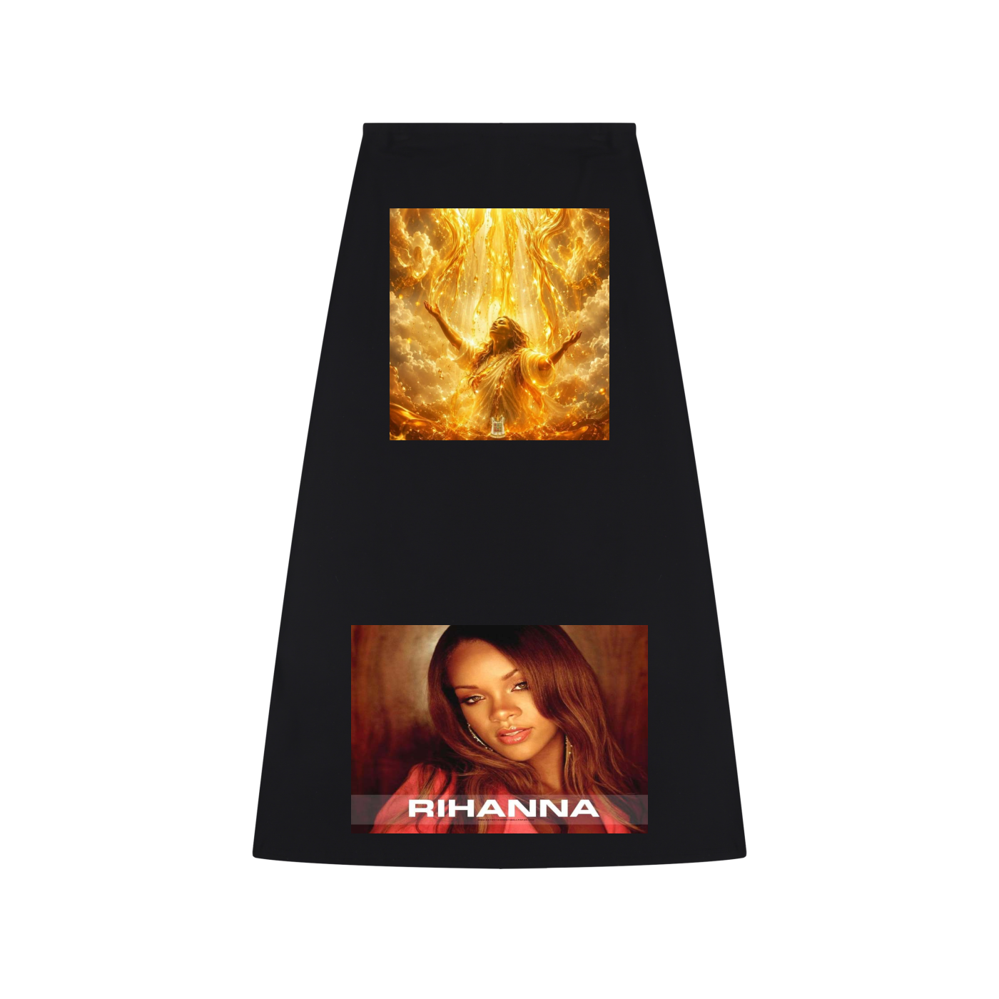Black skirt with two images on it, one of a person in a bright outfit and another of a person with 'Rihanna' text.