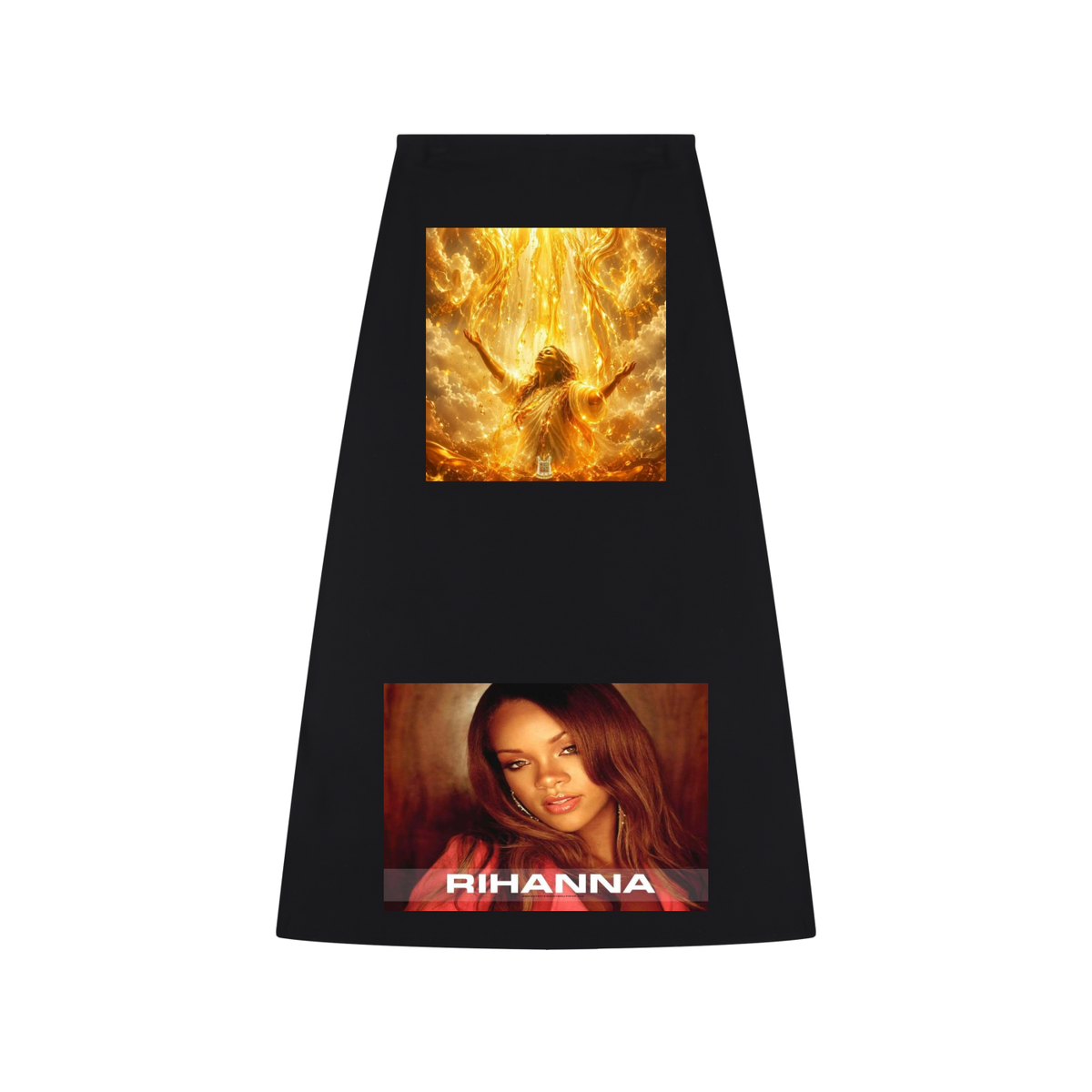 Black skirt with two images on it, one of a person in a bright outfit and another of a person with 'Rihanna' text.