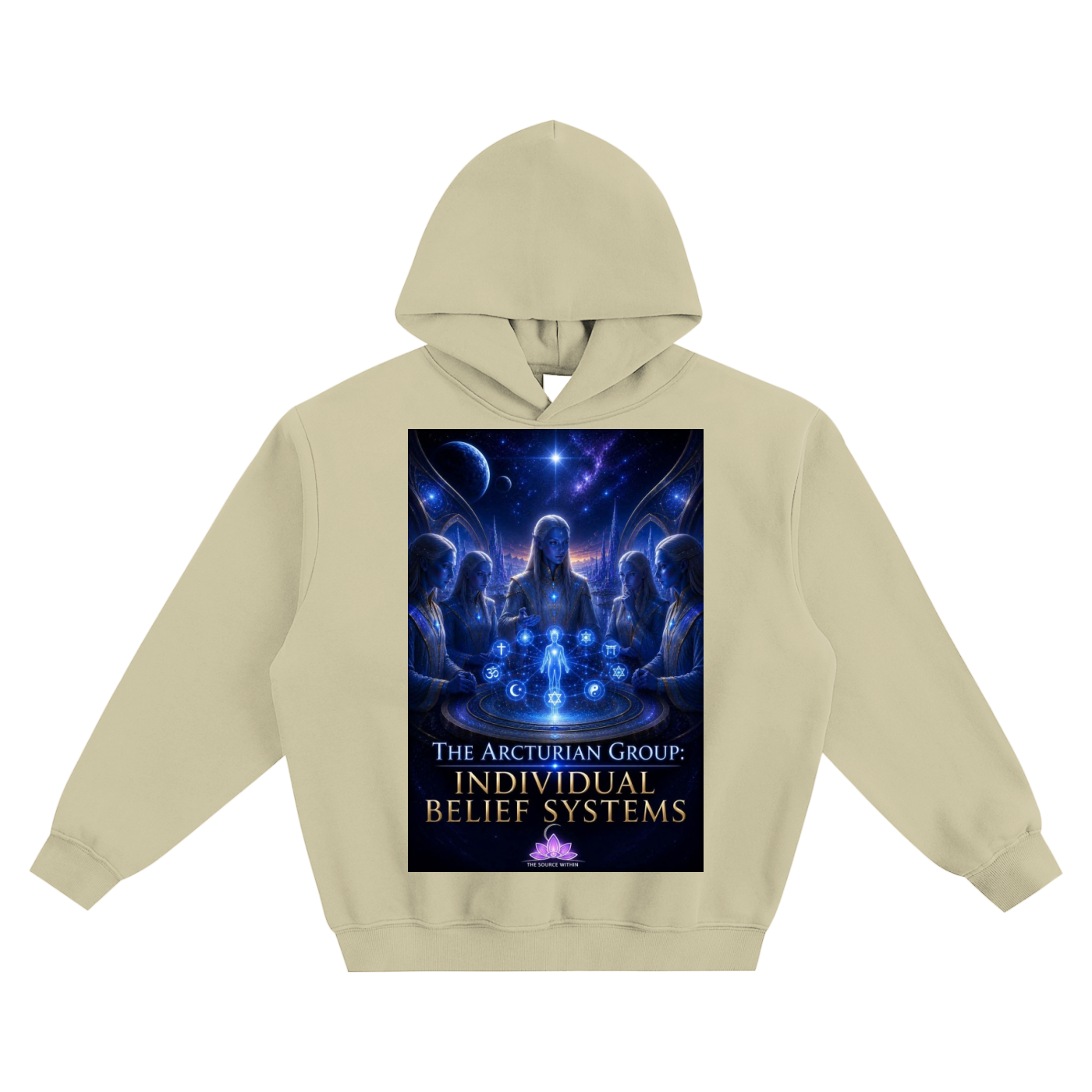 Beige hoodie with a graphic design on the chest featuring people around a glowing orb.