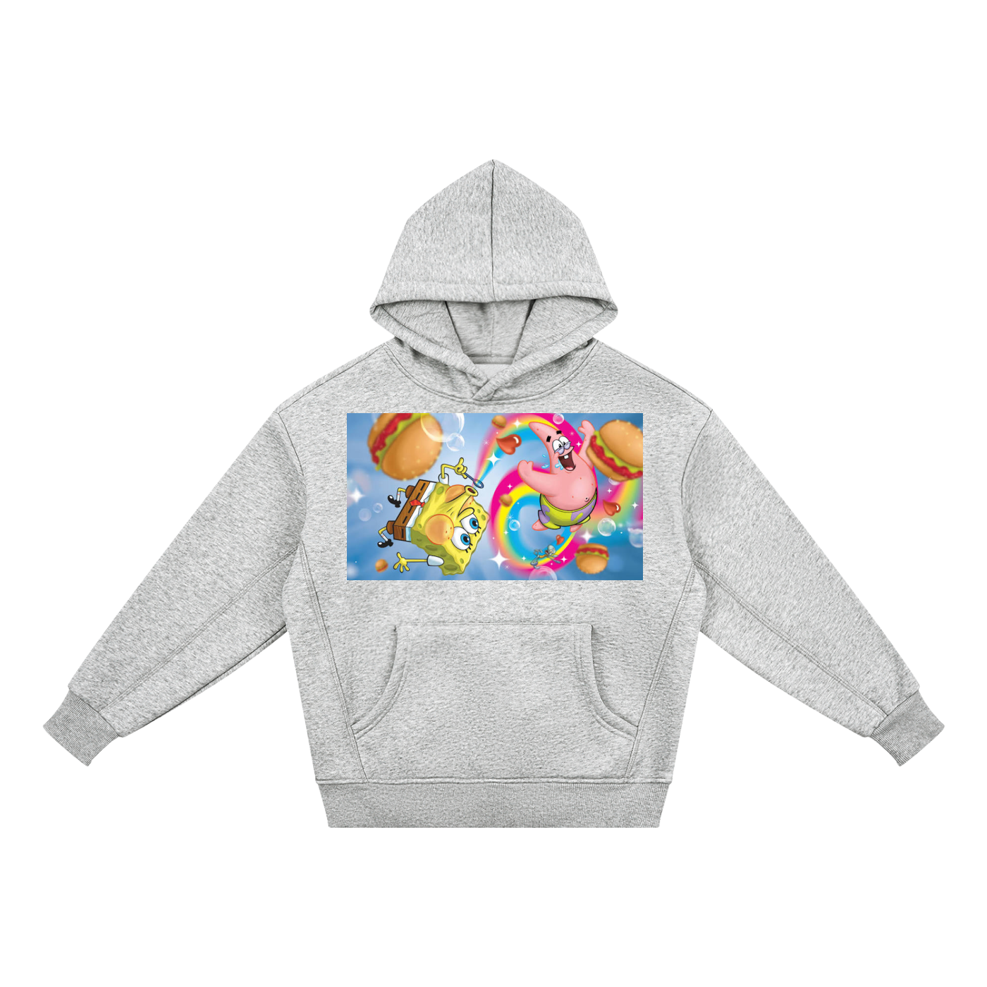Gray hoodie with a colorful cartoon design on a white background