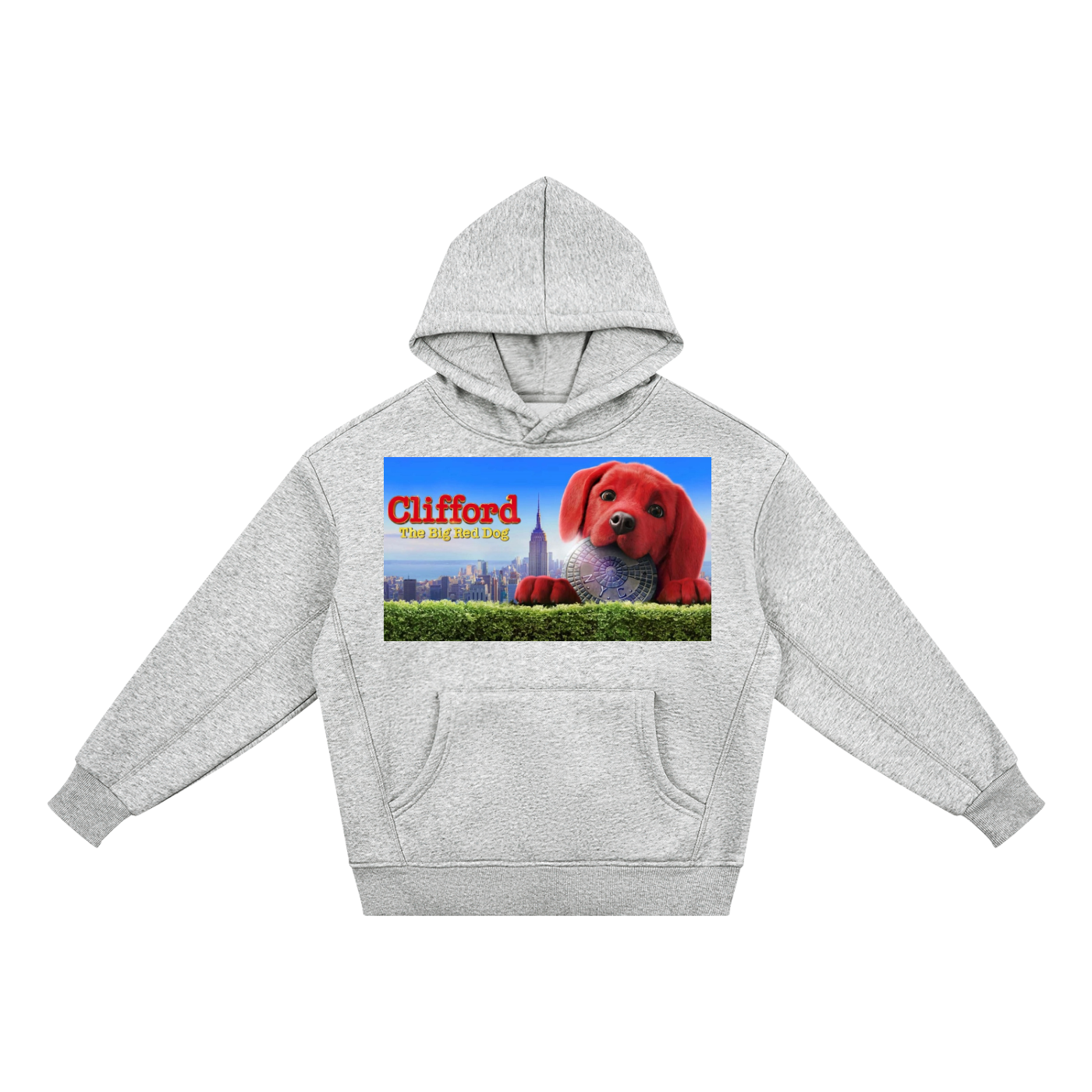 Gray hoodie with Clifford the Big Red Dog graphic on a white background