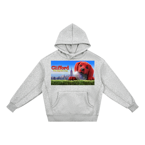 Gray hoodie with Clifford the Big Red Dog graphic on a white background