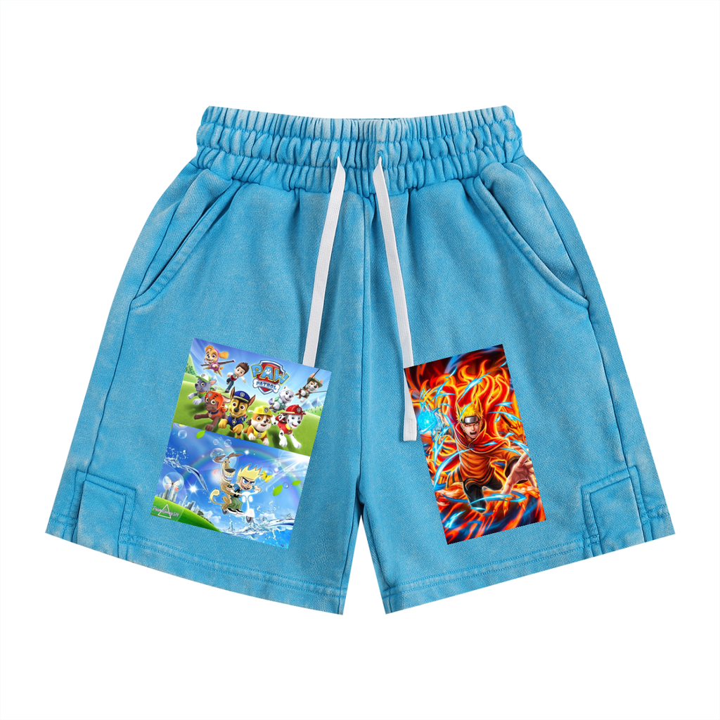 Blue shorts with printed graphics on a white background