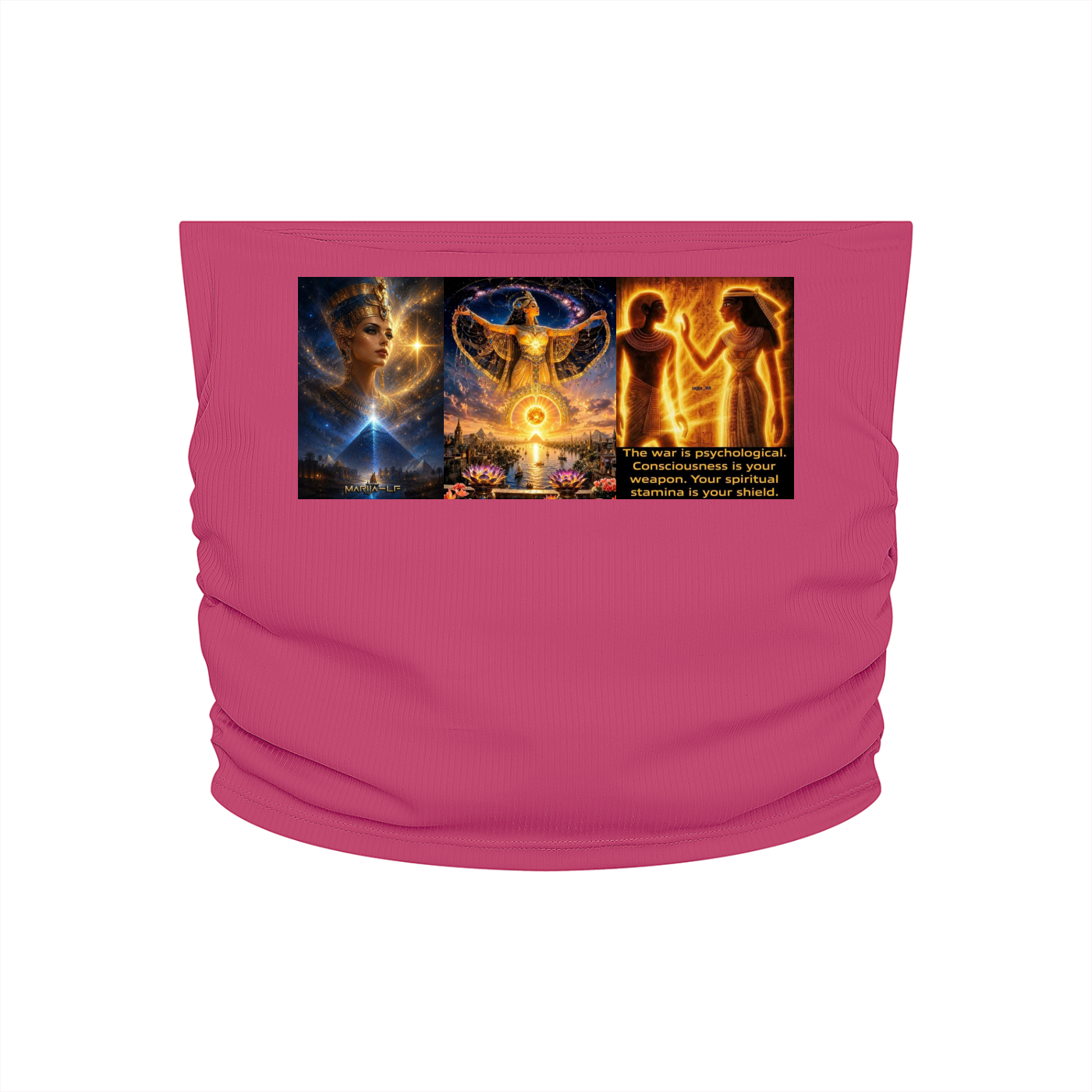 A bright pink tubular neck gaiter or balaclava featuring a rectangular graphic print on the front. The graphic is a triptych of three mystical and spiritual illustrations: a glowing face, a winged figure with a golden circle, and two glowing figures with text below.