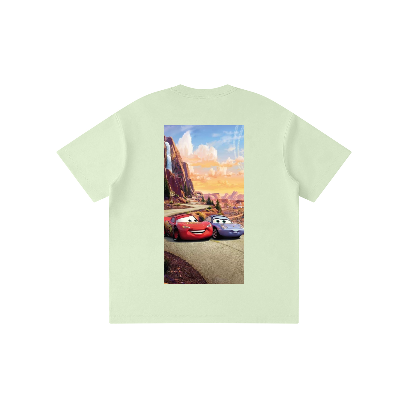 Light green t-shirt with animated car design on a white background