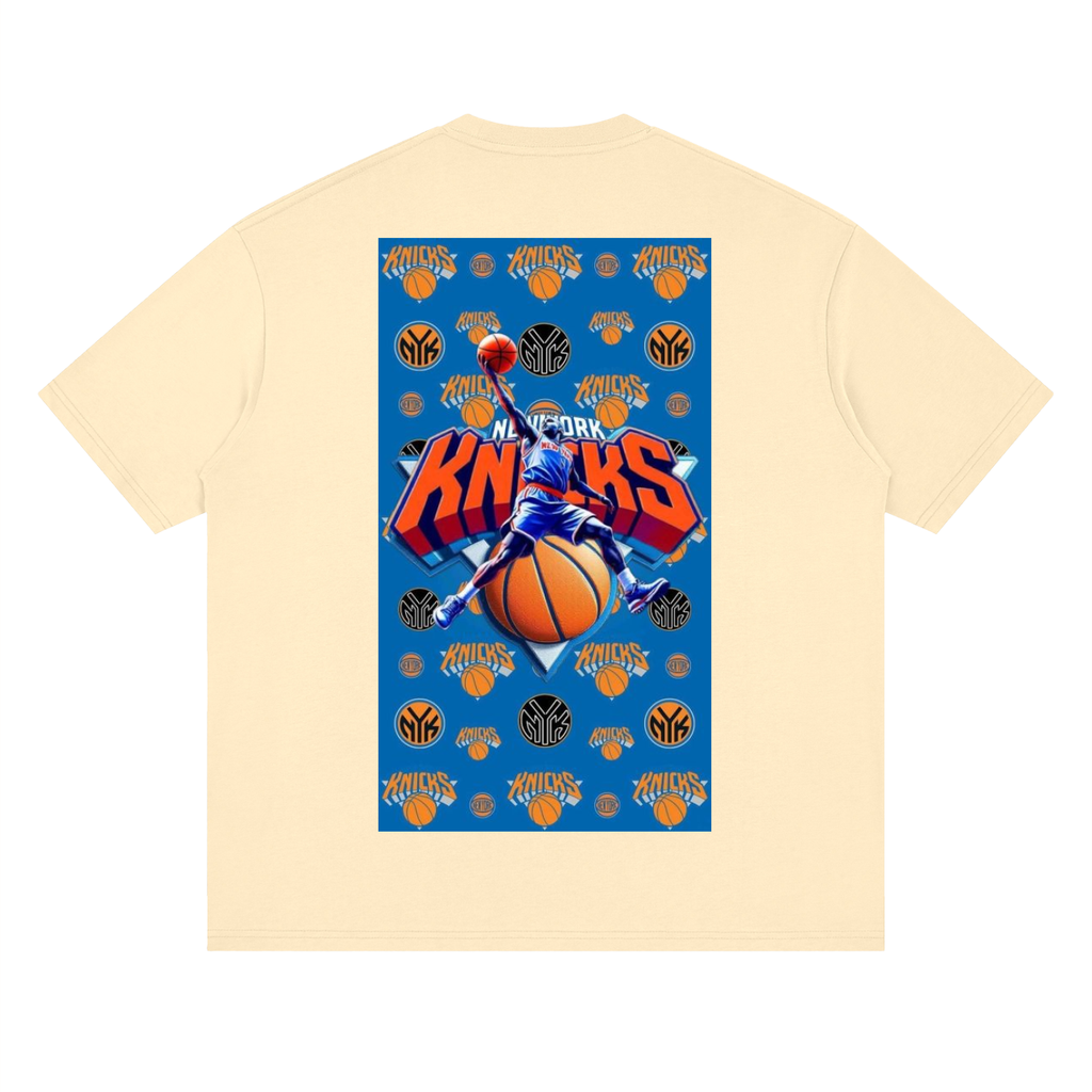 Beige t-shirt with New York Knicks basketball graphic on a white background