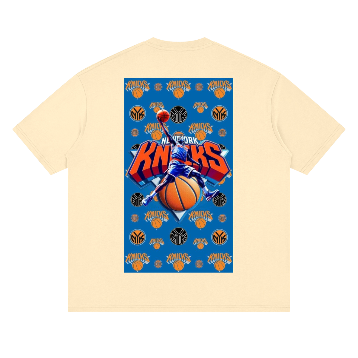 Beige t-shirt with New York Knicks basketball graphic on a white background