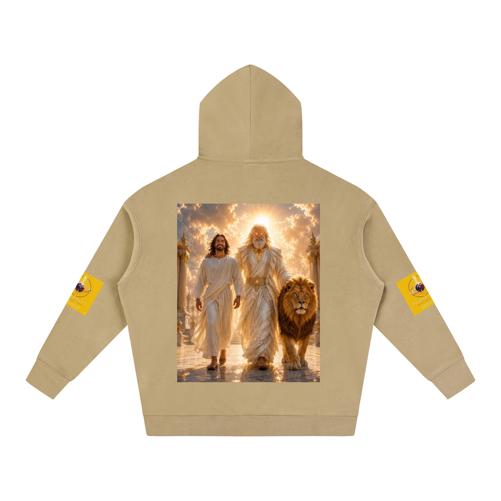 Beige hoodie with a graphic of two figures and a lion on the back, on a white background.