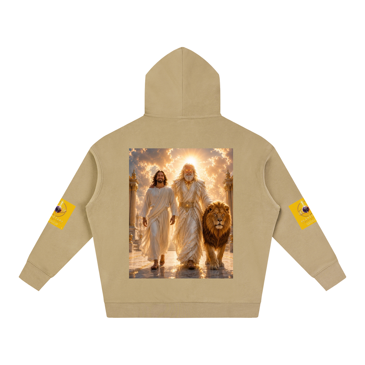 Beige hoodie with a graphic of two figures and a lion on the back, on a white background.