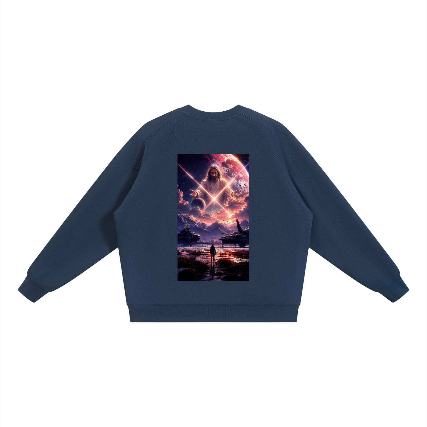 A navy blue crewneck sweatshirt shown from the back, featuring a large rectangular graphic print of a sci-fi scene with a figure facing a glowing cosmic landscape.