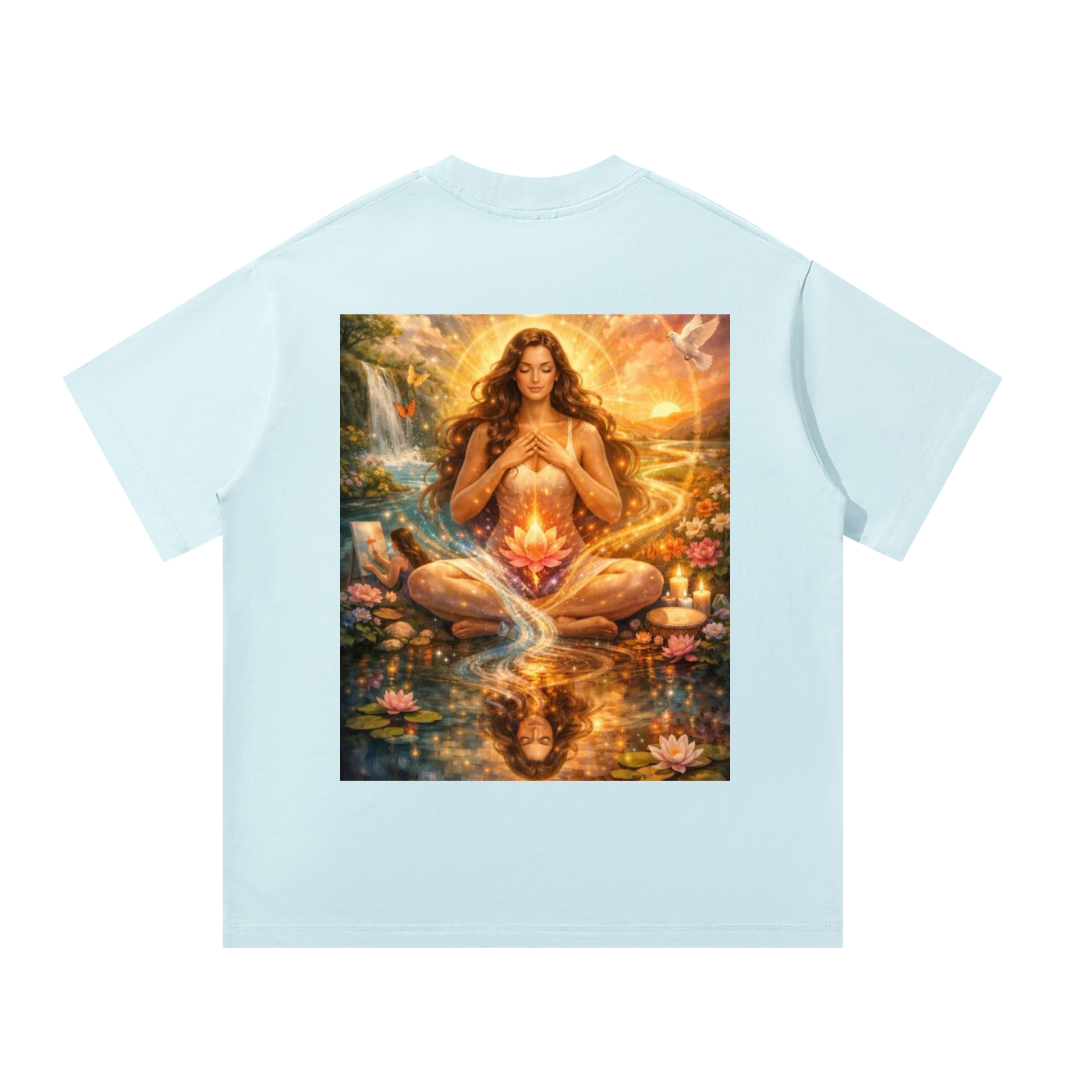 Light blue t-shirt with a graphic of a woman in a meditative pose surrounded by nature elements on a white background.