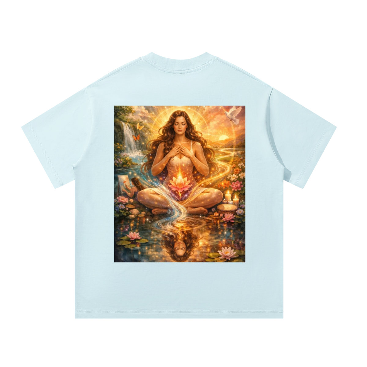 Light blue t-shirt with a graphic of a woman in a meditative pose surrounded by nature elements on a white background.