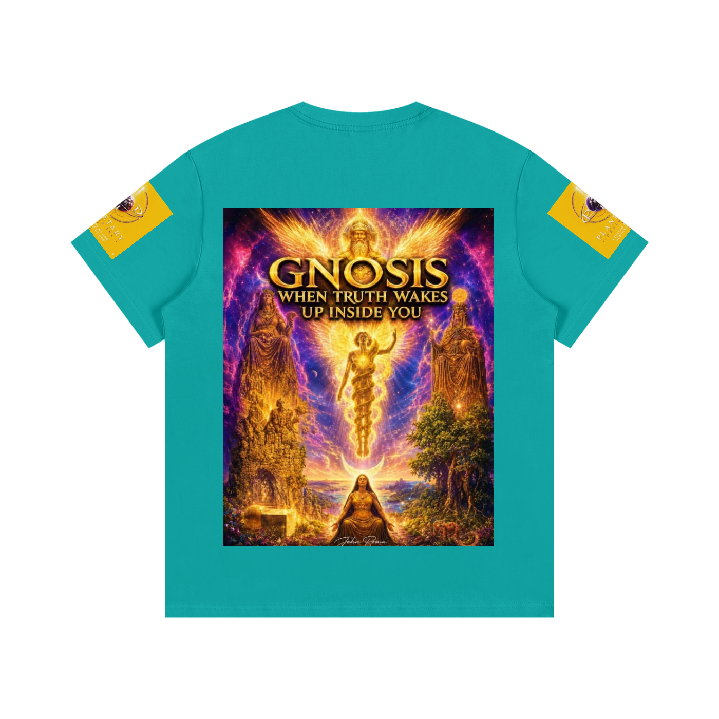 Teal t-shirt with a colorful graphic design on the back featuring the text 'Gnosis' and 'When Truth Wakes Up Inside You'.