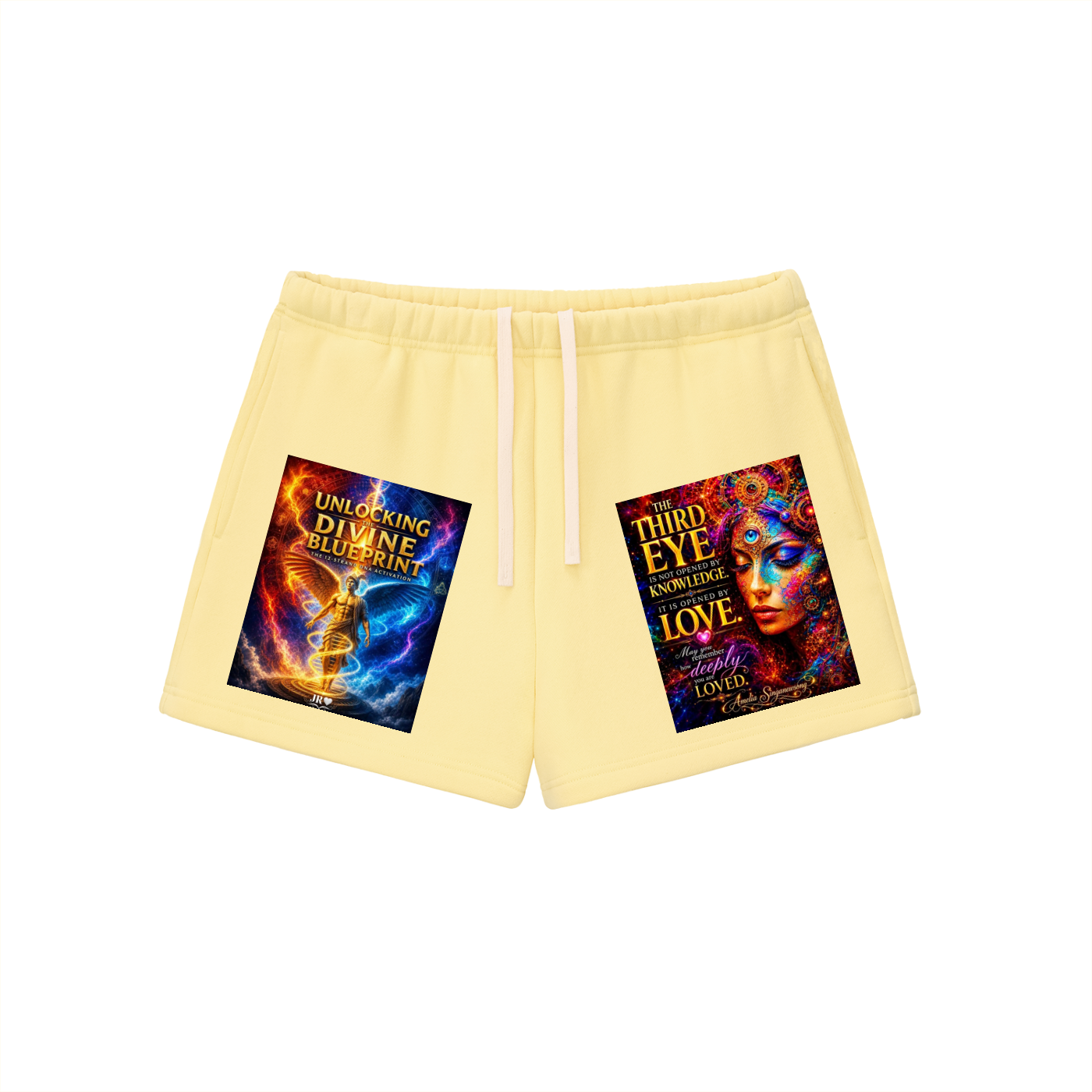 Light yellow sweat shorts with white drawstrings, featuring two colorful graphic prints on the front legs. The left graphic reads 'UNLOCKING DIVINE BLUEPRINT' and the right graphic reads 'THIRD EYE KNOWING LOVE'.