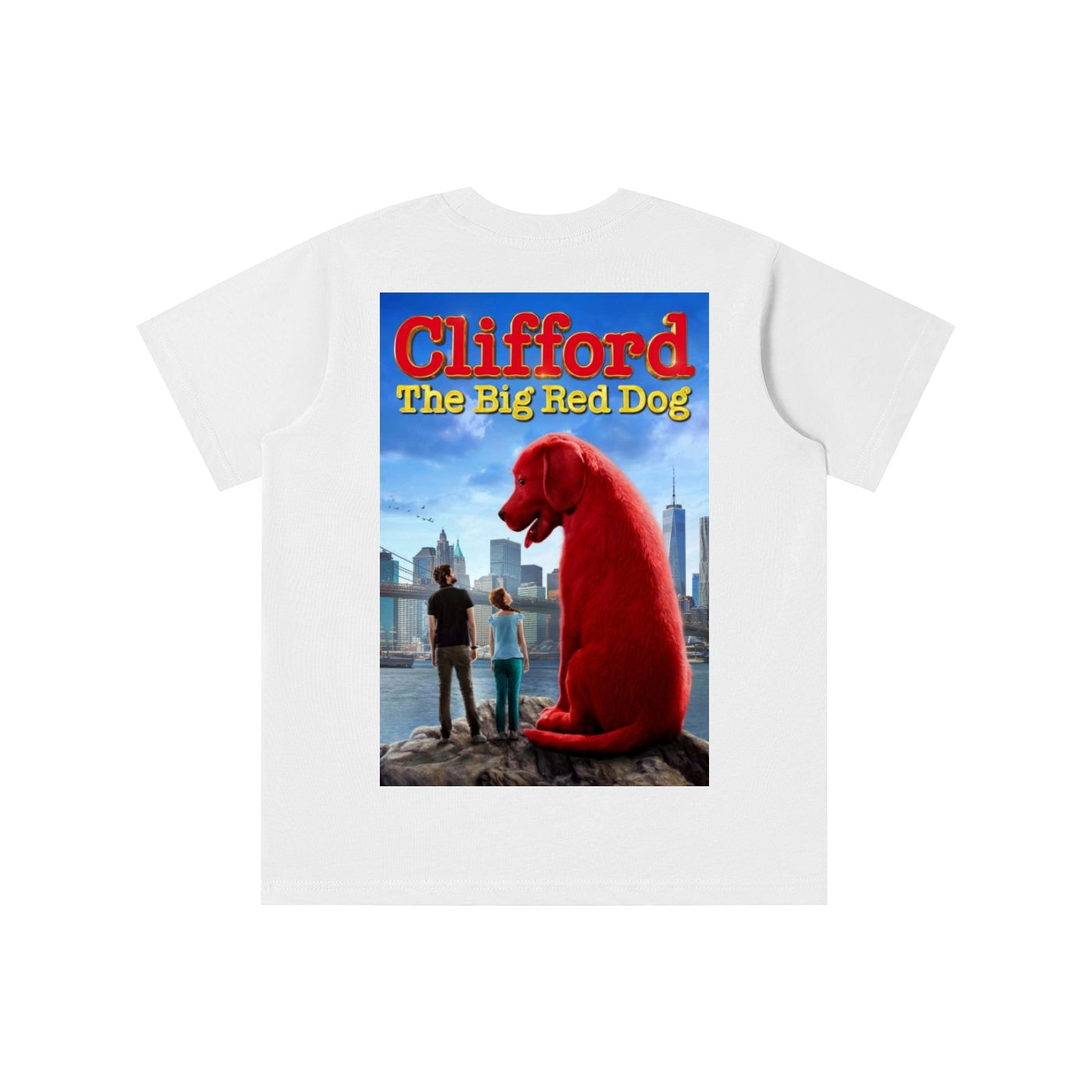 White t-shirt with 'Clifford The Big Red Dog' graphic on a white background