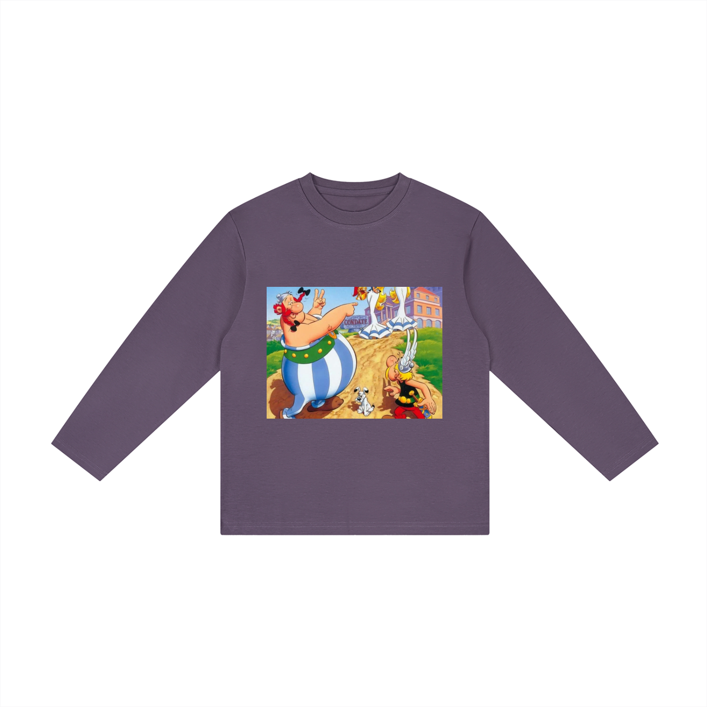 Purple long-sleeve shirt with a cartoon character graphic on a white background