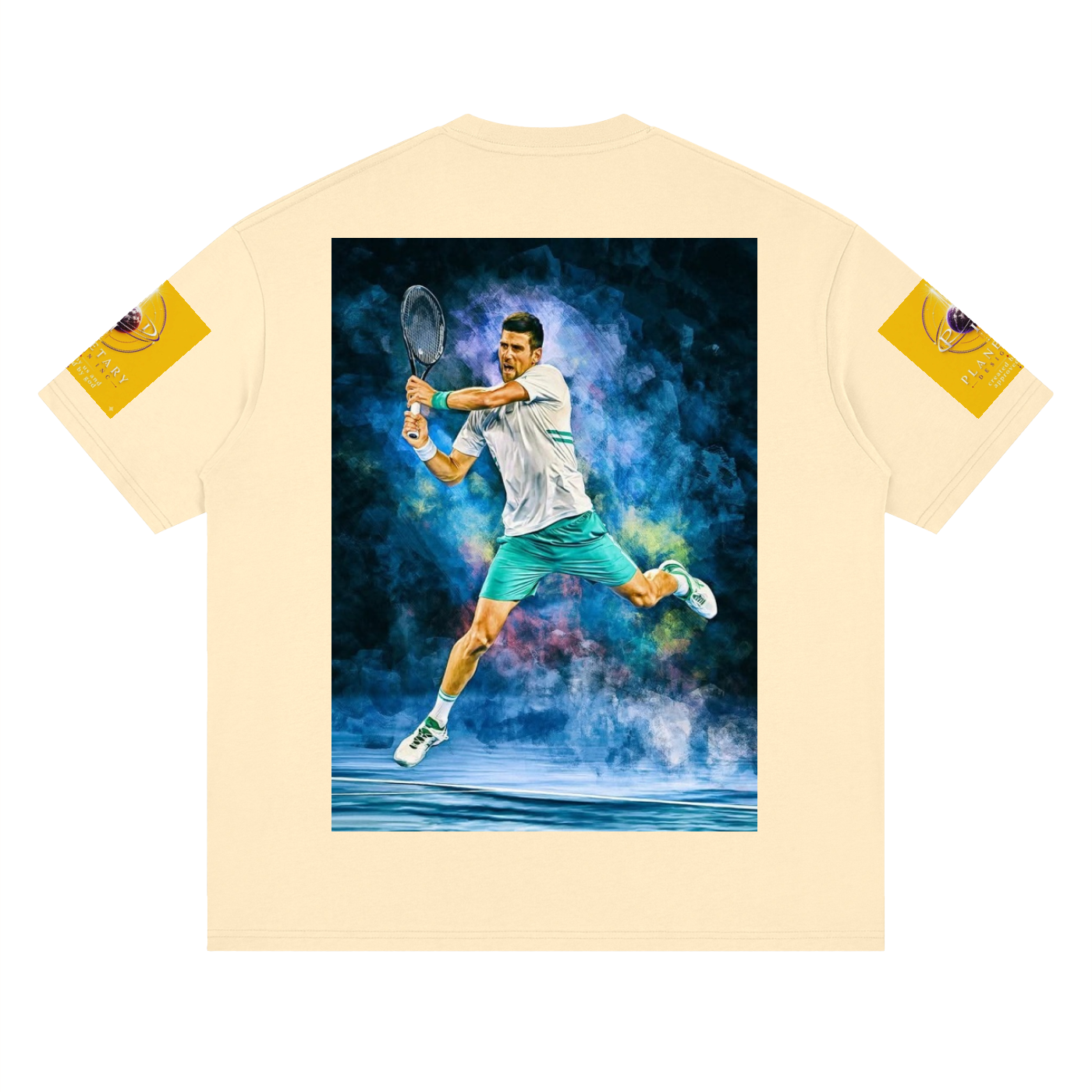 Beige t-shirt with a graphic of a tennis player in action on a white background