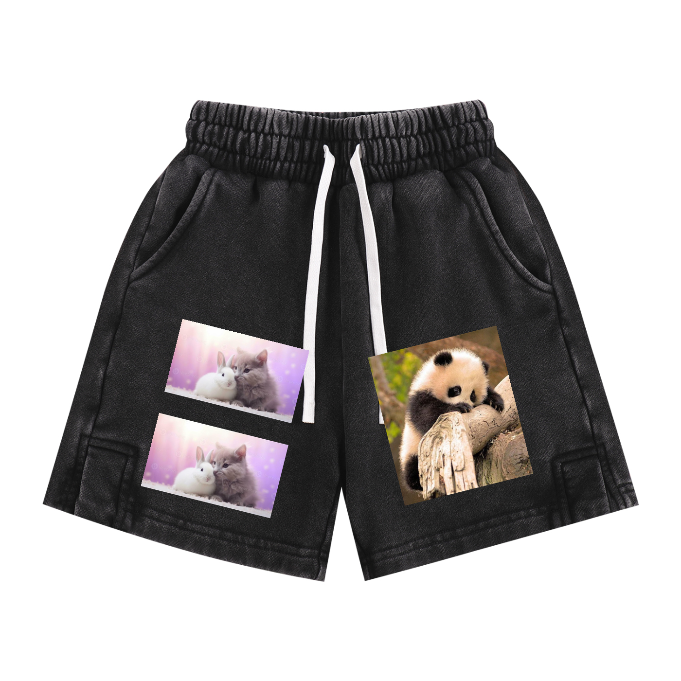 Black shorts with images of a panda and two cats on the pockets against a white background
