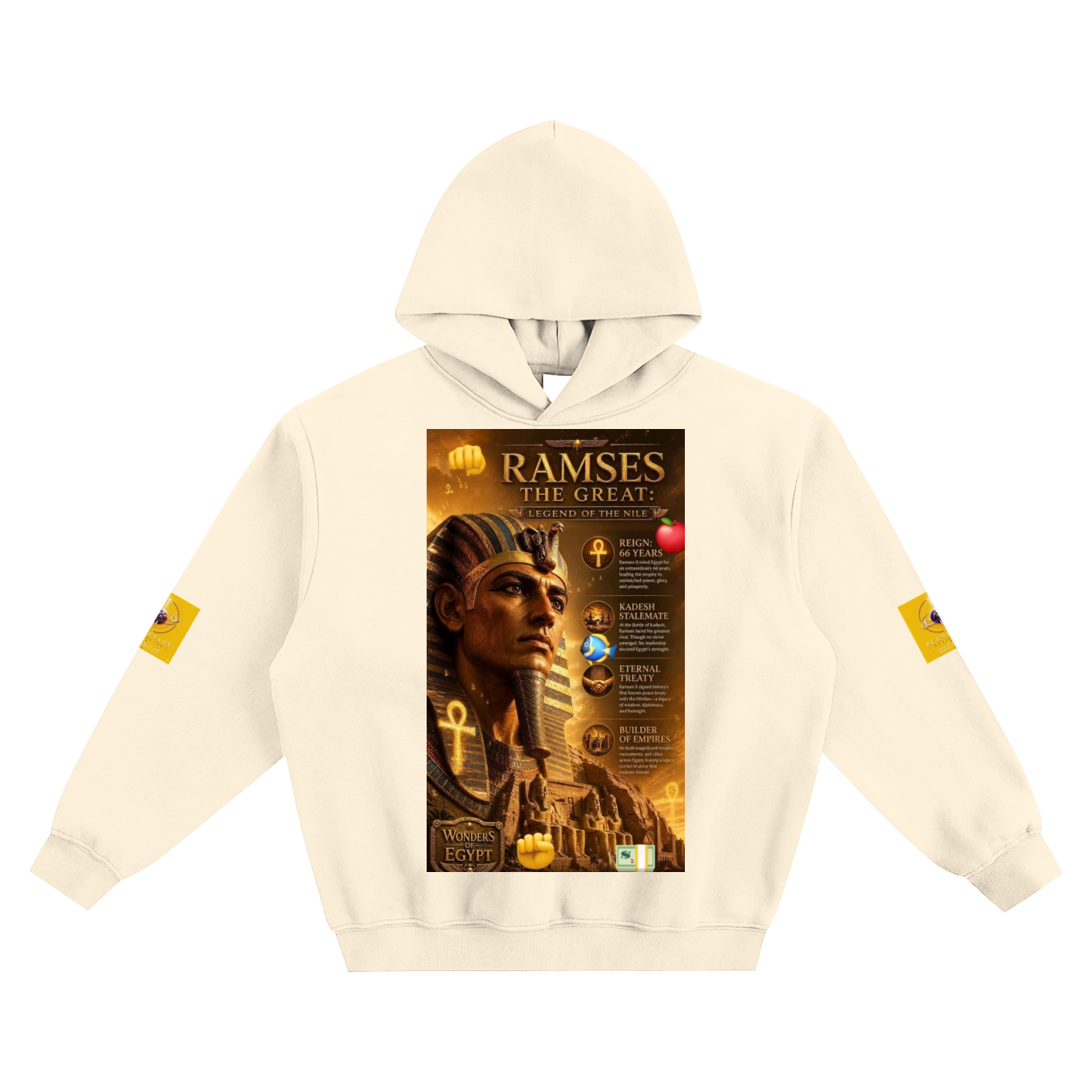 Beige hoodie with Ramses the Great graphic on a white background