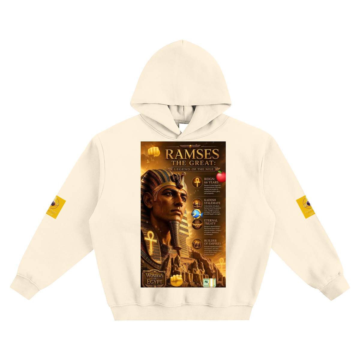 Beige hoodie with Ramses the Great graphic on a white background