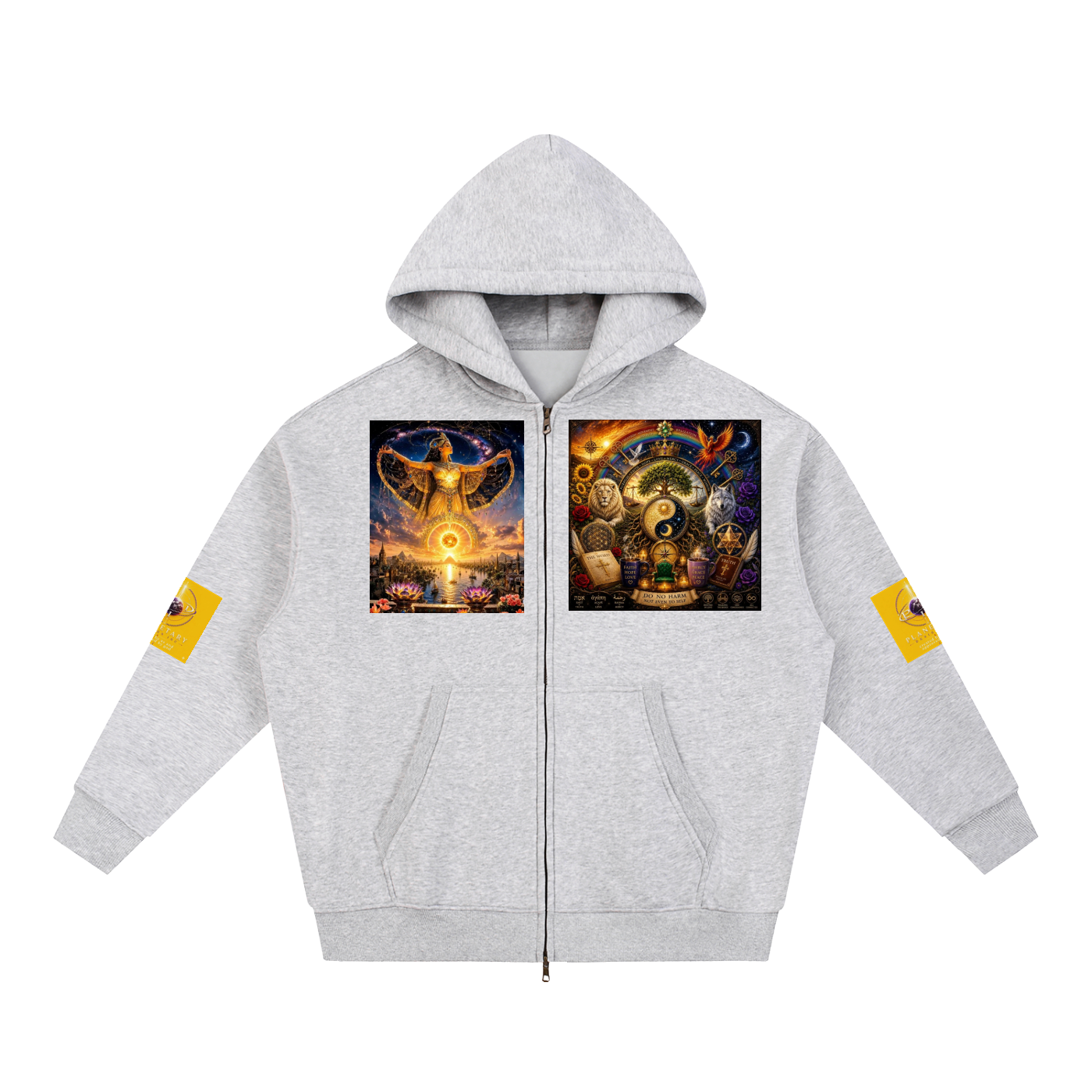 A light gray heather zip-up hoodie with a large square graphic print on the chest depicting a golden winged figure and mystical symbols, featuring yellow sleeve patches, shown on a plain white background.