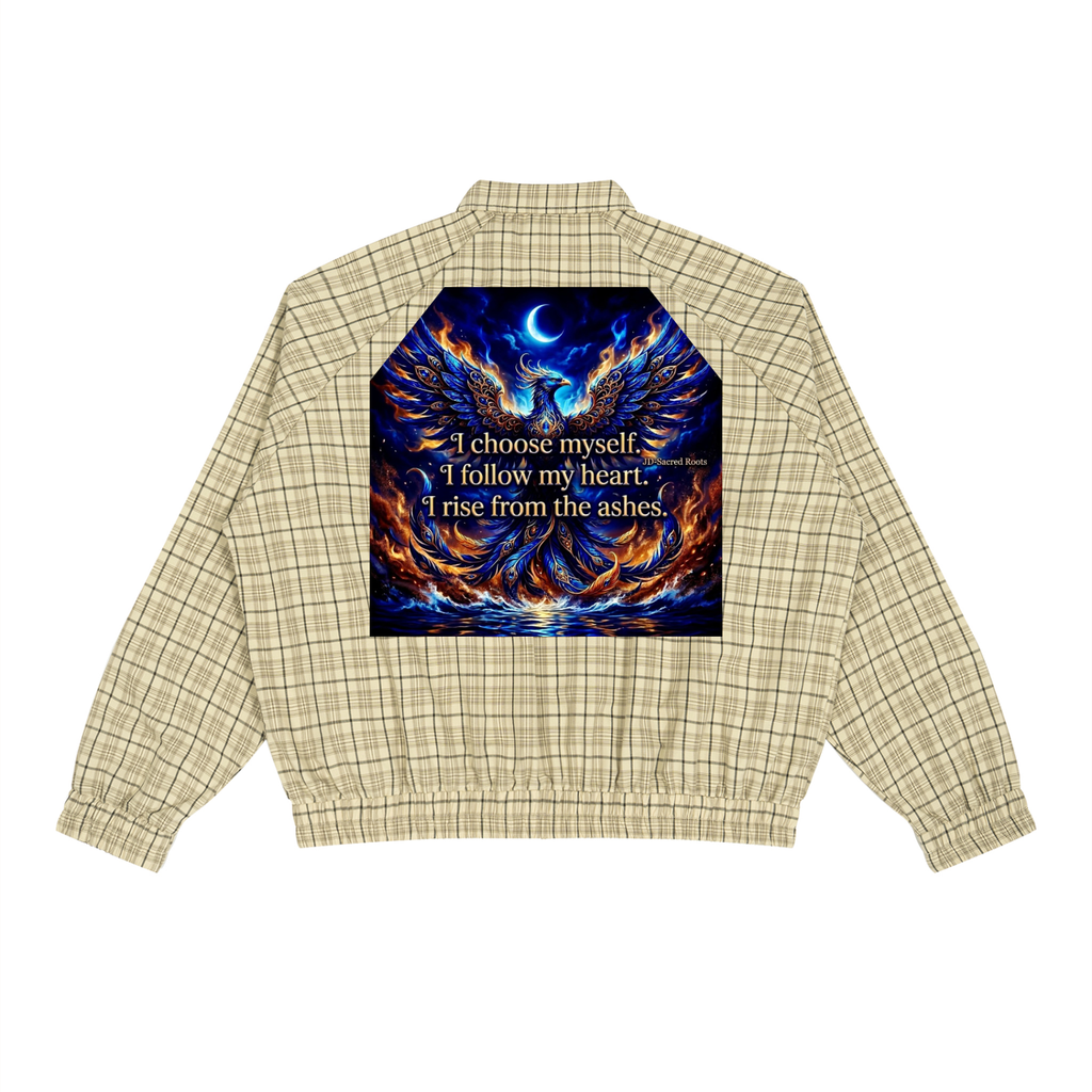 A beige and brown plaid jacket shown from the back, featuring a large graphic print of a fiery phoenix with a blue crescent moon and the text 'I choose myself. I follow my heart.