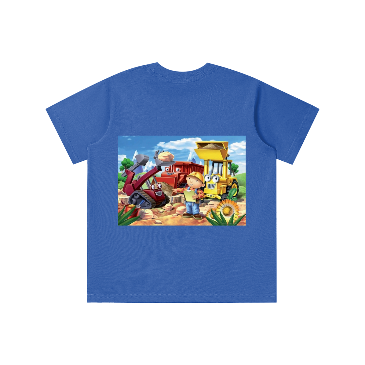 Blue t-shirt with a colorful graphic of construction vehicles and a child on a white background