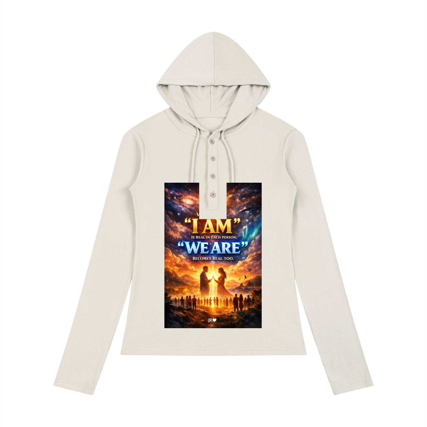 An off-white long-sleeve hoodie with a drawstring hood and a square graphic print on the front. The graphic features a dramatic sunset scene with silhouettes of two people and the text 'I AM' and 'WE ARE' in blue and gold.