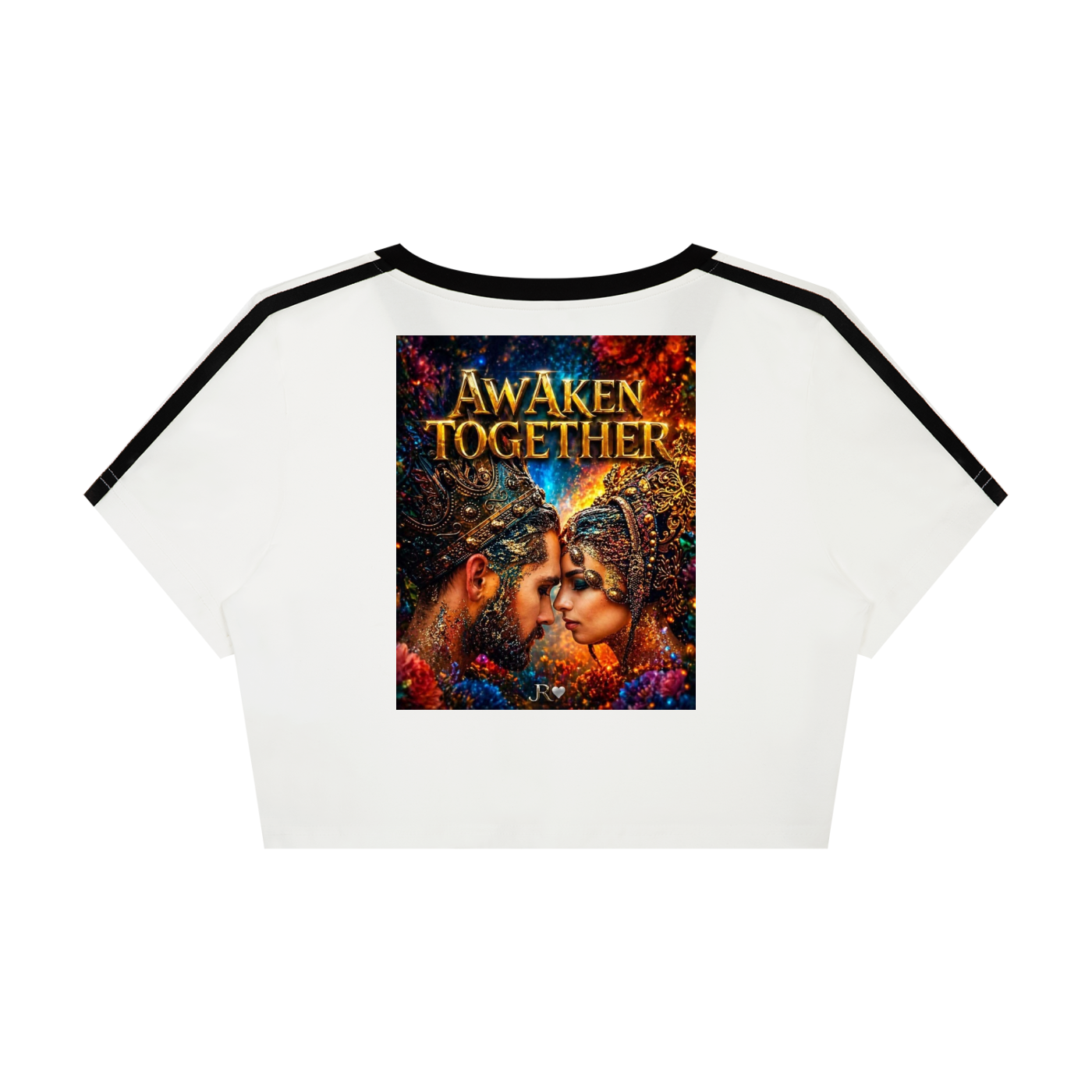 A white short-sleeve crop top with black ringer-style trim at the collar and sleeve cuffs, featuring a large colorful graphic print on the front with the text 'Awaken Together' and an illustrated portrait.