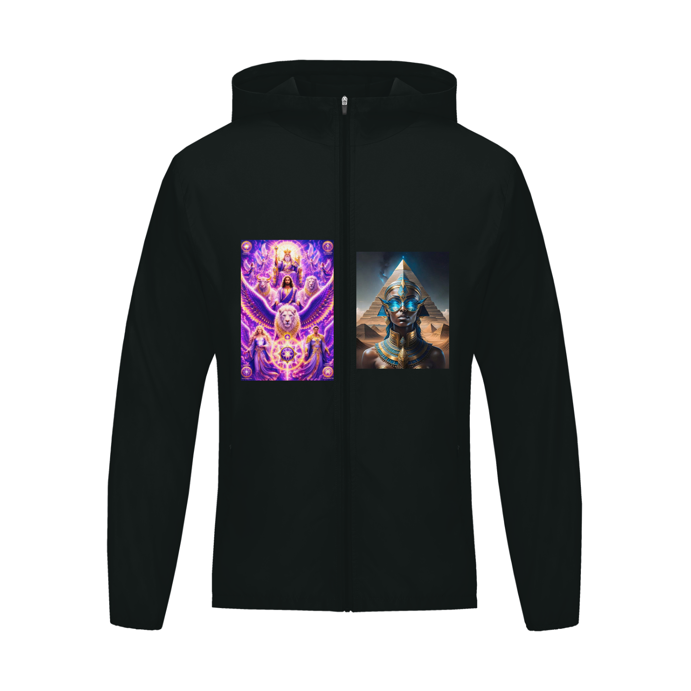 Black hoodie with two graphic designs on the front chest area against a white background