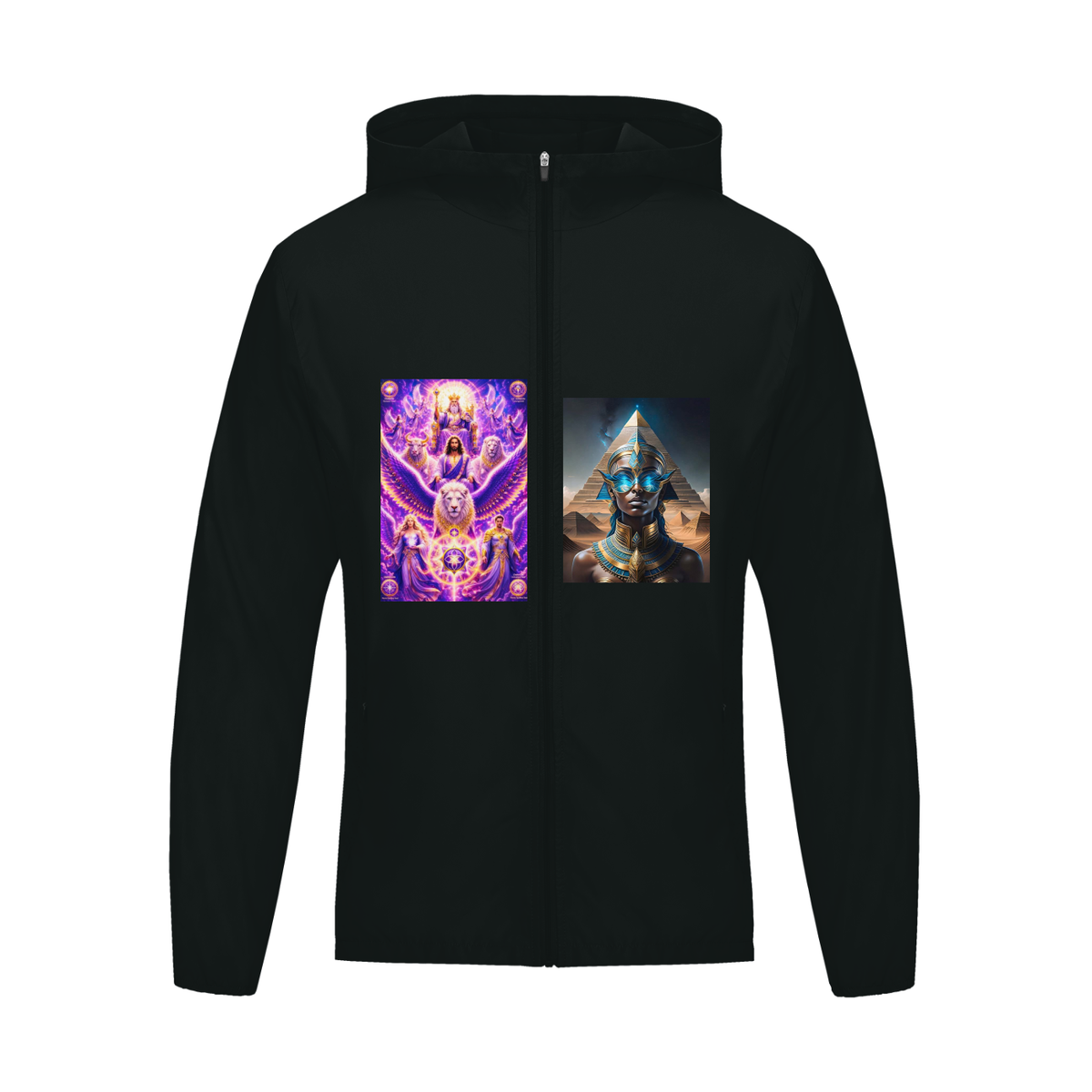 Black hoodie with two graphic designs on the front chest area against a white background