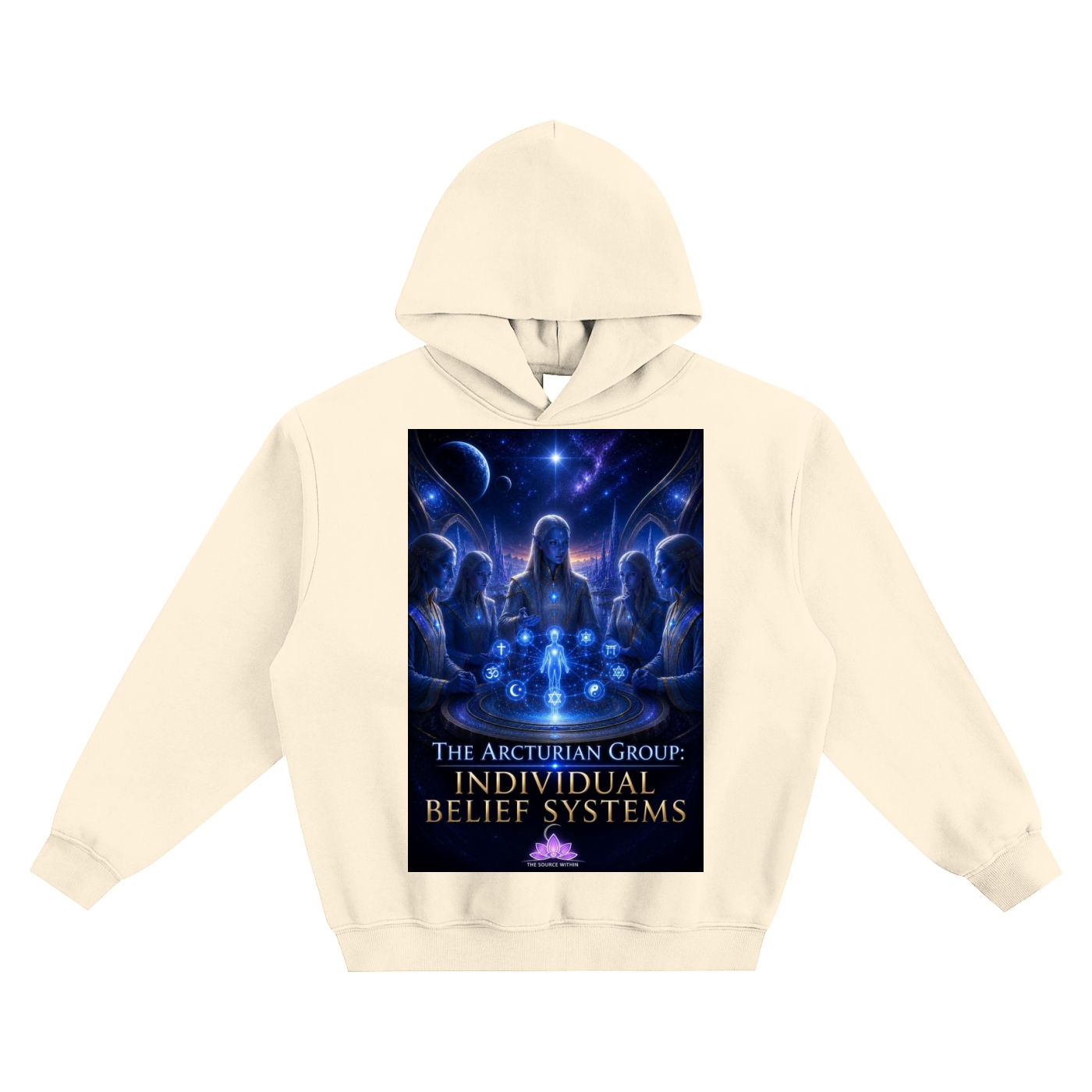 Beige hoodie with a graphic design on the chest featuring people around a glowing orb.