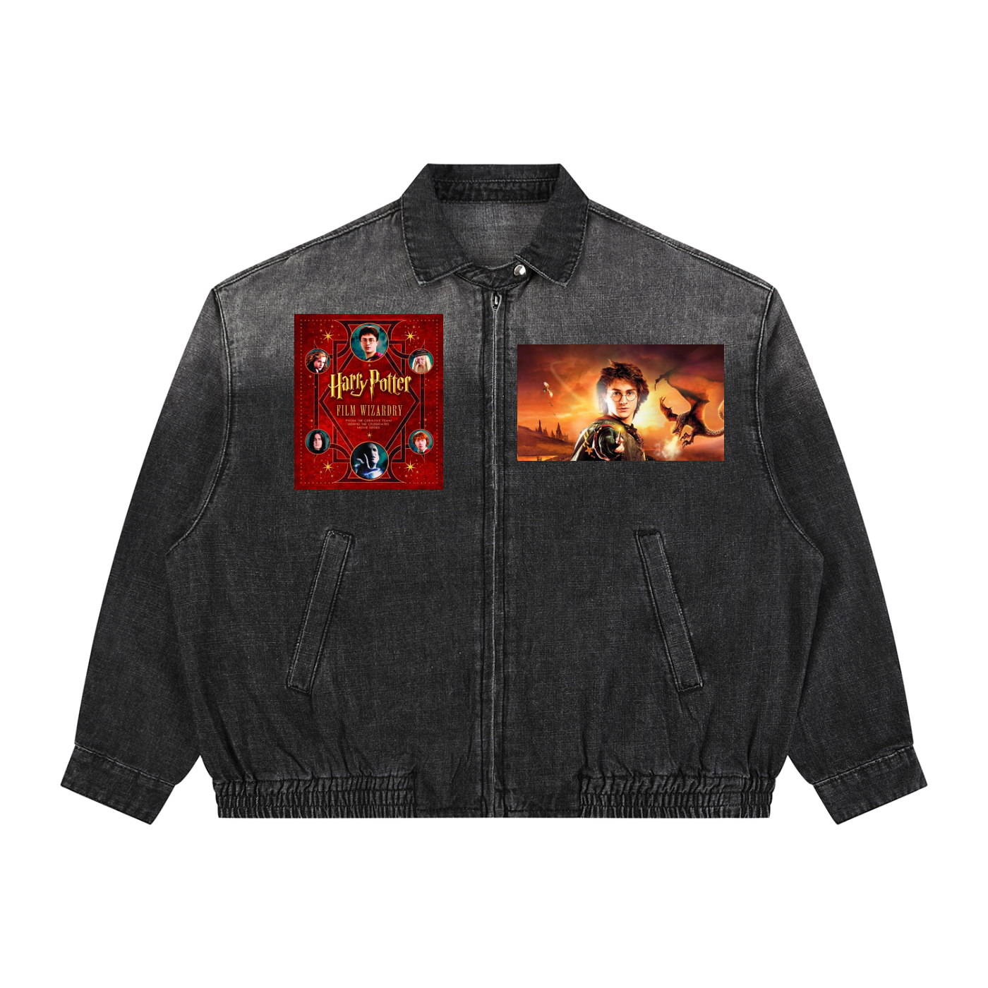Black denim jacket with 'Harry Potter' movie poster designs on a white background