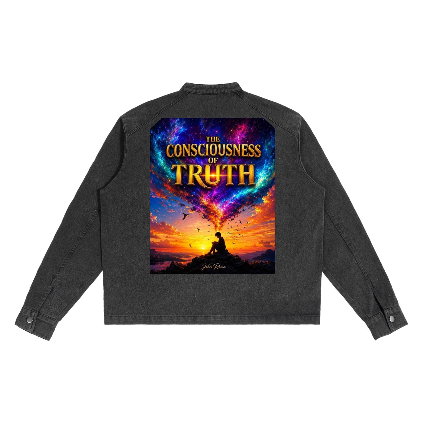 Embroidered graphic patch on black vintage wash denim jacket back displayed flat against a solid white background.