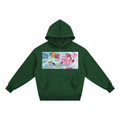 A dark green pullover hoodie with a rectangular graphic print on the chest featuring an anime-style illustration of a pink-haired girl and other characters on a light blue background.