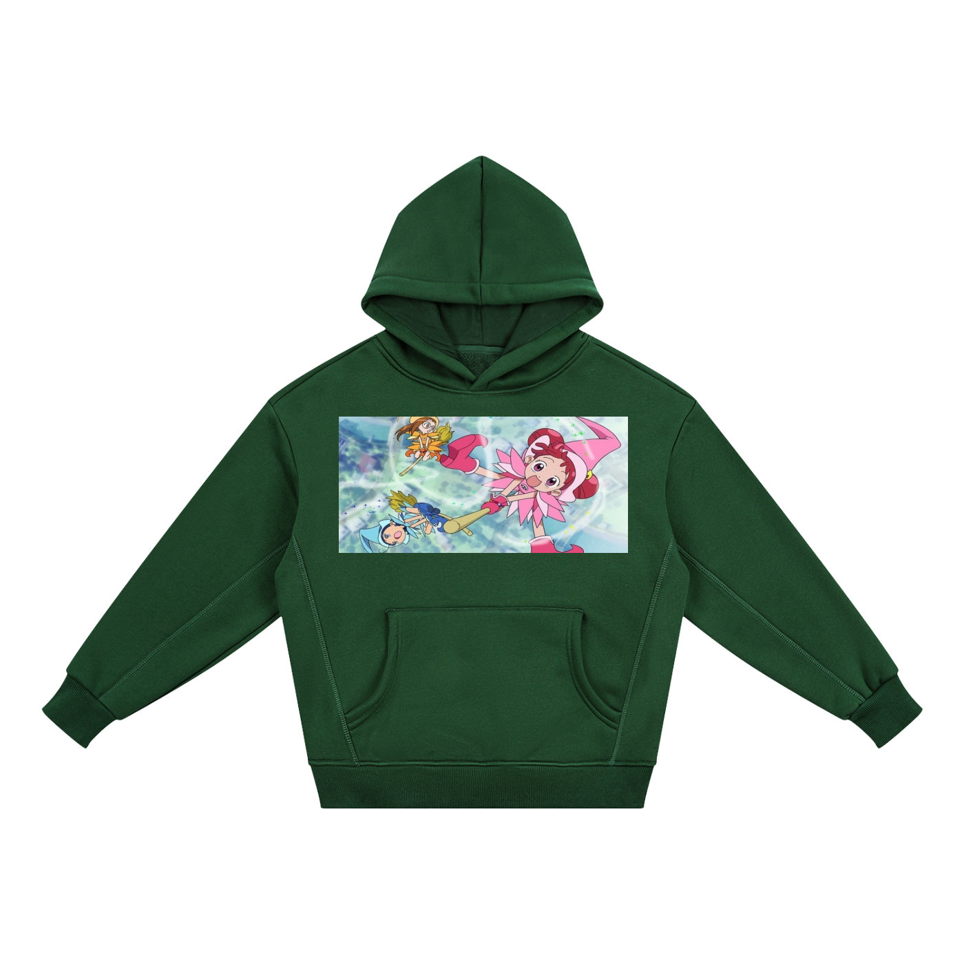 A dark green pullover hoodie with a rectangular graphic print on the chest featuring an anime-style illustration of a pink-haired girl and other characters on a light blue background.