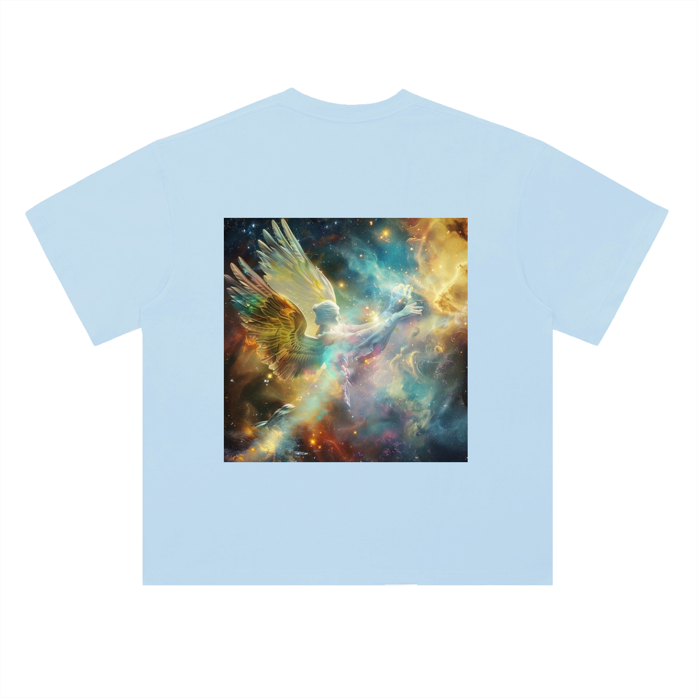 Light blue t-shirt with a space-themed graphic on a white background